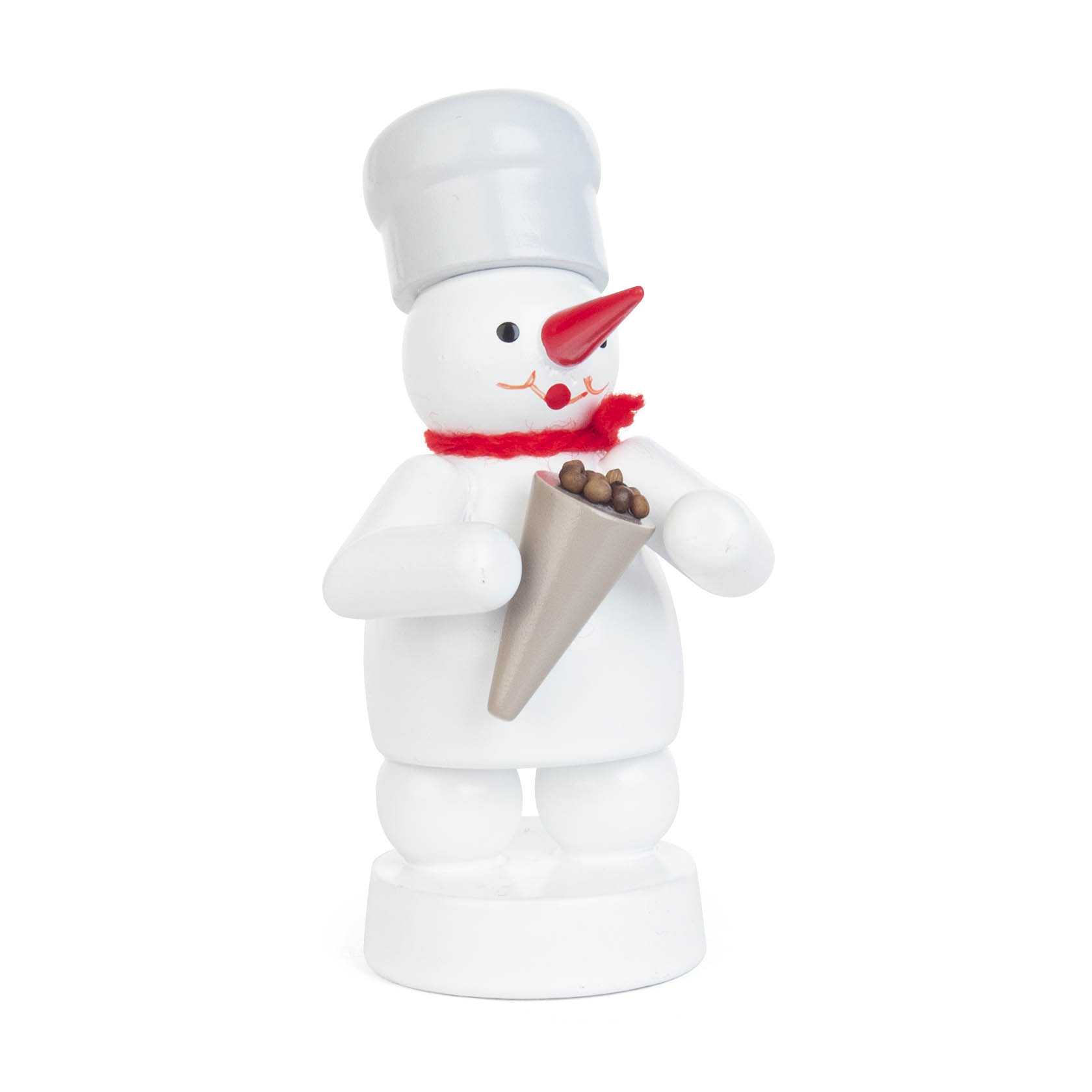 Colorful snowman figurine dressed as a baker, holding a cone filled with candied almonds. The snowman wears a red scarf and chef's hat. im Dregeno Online Shop günstig kaufen