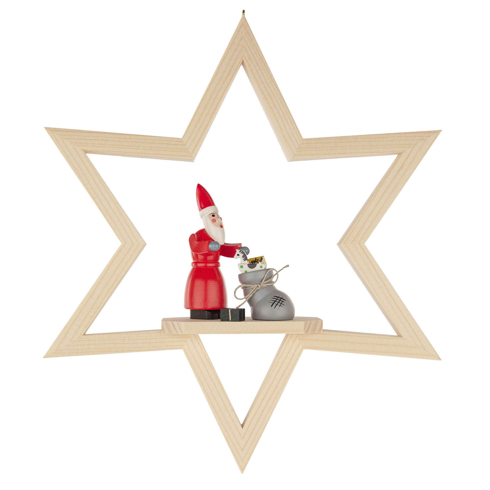 Ein sternförmiger Holzrahmen mit einer Figur des Weihnachtsmannes, der einen Sack mit Geschenken hält. im Dregeno Online Shop günstig kaufen