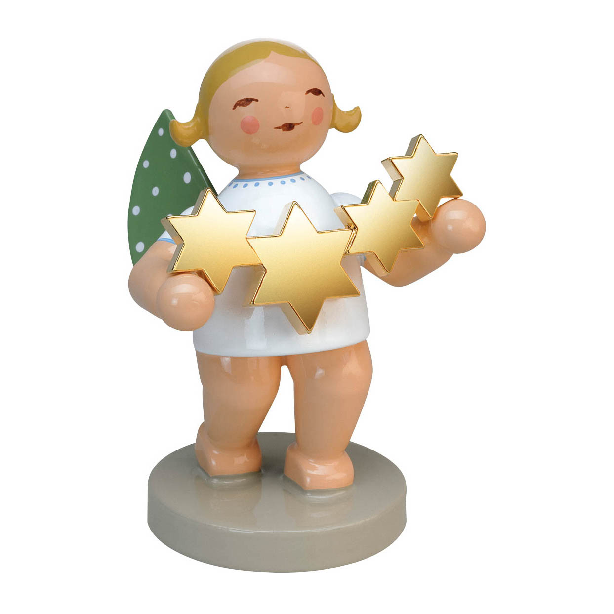 Holzfigur eines Engels mit goldenen Sternen in den Händen, grünen Flügeln mit weißen Punkten, blauen Kragen und blondem Haar, lächelnd. im Dregeno Online Shop günstig kaufen