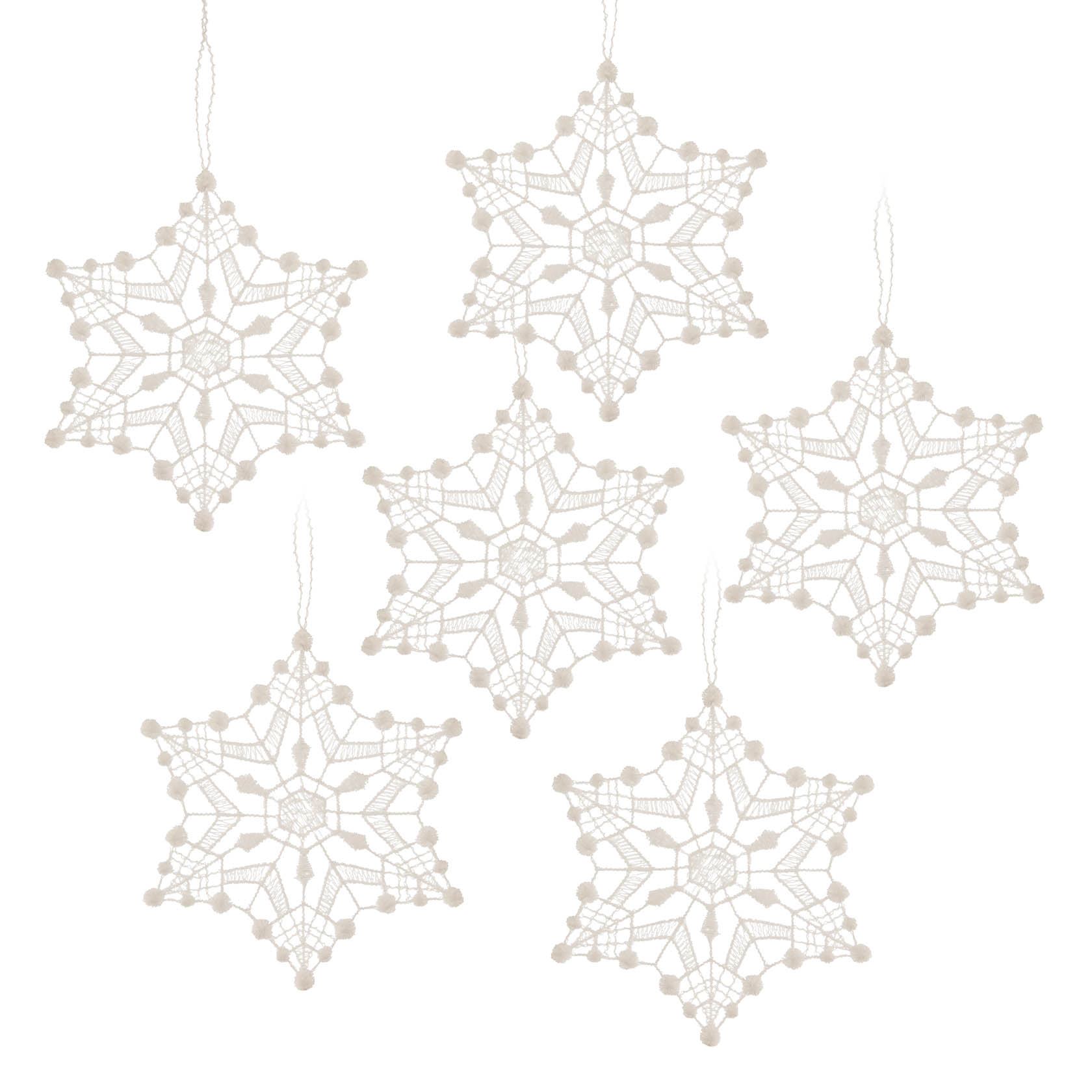 Sechs filigran gestaltete Schneestern-Ornamente aus Plauener Spitze mit zarten Fäden an der Oberseite zum Aufhängen. im Dregeno Online Shop günstig kaufen