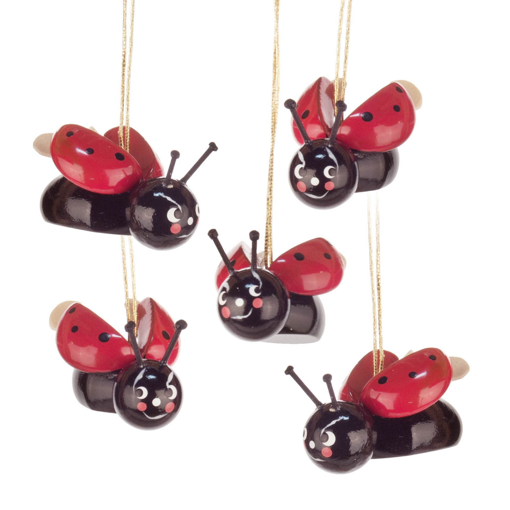 Fünf hölzerne Marienkäfer mit roten Flügeln, schwarzen Körpern und weißen Punkten, mit goldenen Fäden zum Aufhängen. im Dregeno Online Shop günstig kaufen