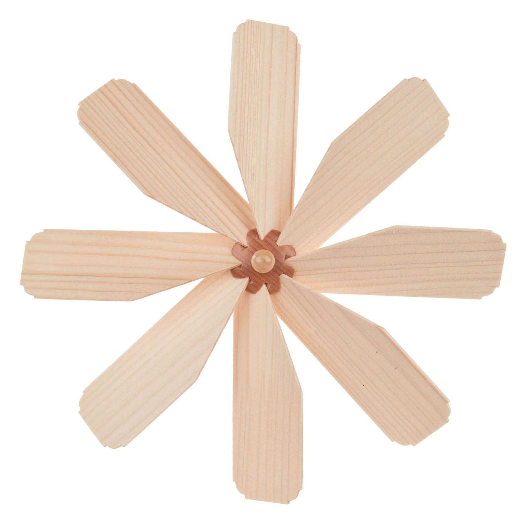 Ein hölzernes Flügelrad mit sechs gleichmäßig verteilten Flügeln, die von einem zentralen Punkt radial abgehen. im Dregeno Online Shop günstig kaufen