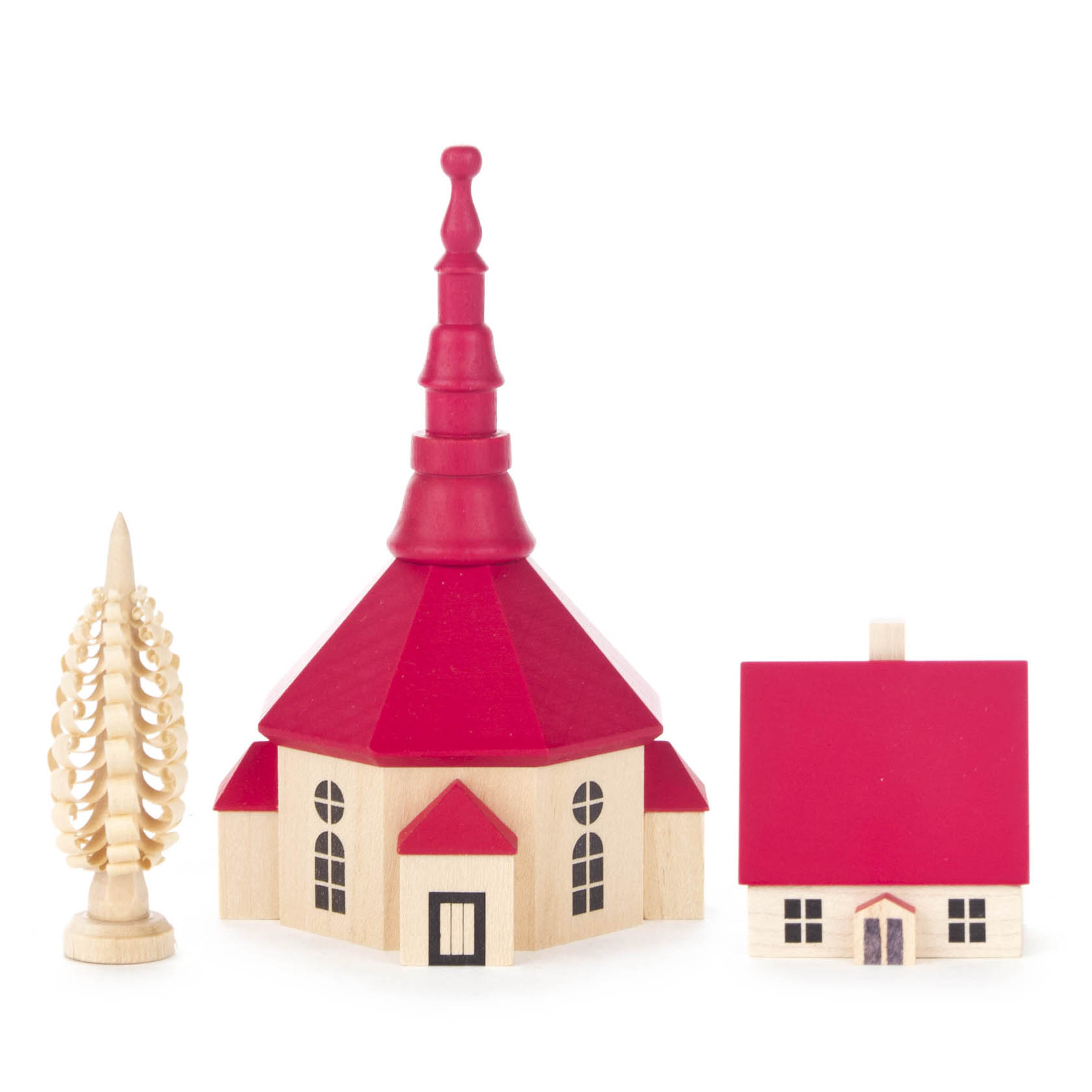 A wooden model of a Seiffen Church with a red roof and spire, next to a small house with a red roof and a wooden Christmas tree.