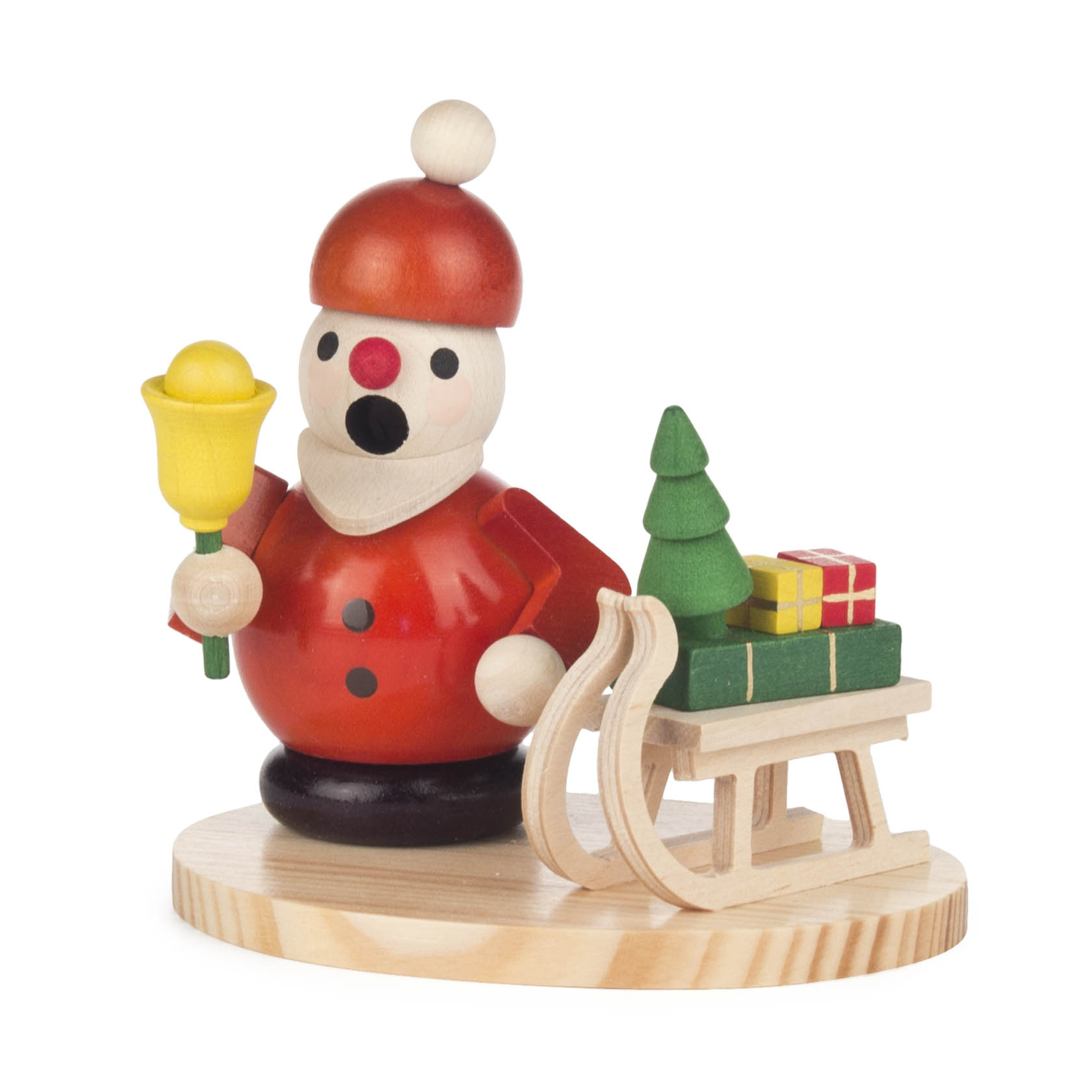 Miniatur-Holzfigur eines räuchernden Weihnachtsmanns mit rotem Mantel und Mütze, der eine gelbe Glocke hält und neben einem Schlitten mit Geschenken und Tannenbaum steht. im Dregeno Online Shop günstig kaufen