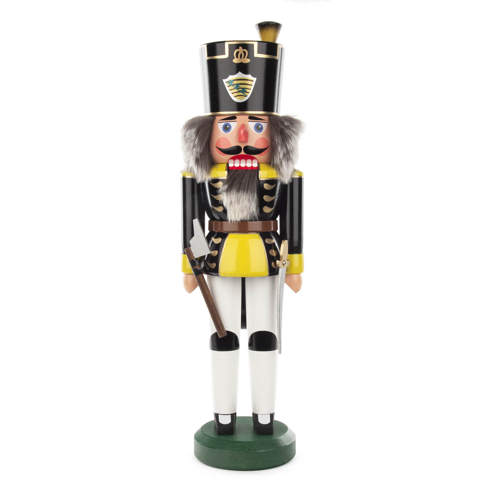Ein traditioneller Nussknacker in Form eines Bergmanns, 42,5 cm hoch, mit schwarz-gelber Uniform und Schäfer, hält ein Schwert in der rechten Hand. im Dregeno Online Shop günstig kaufen