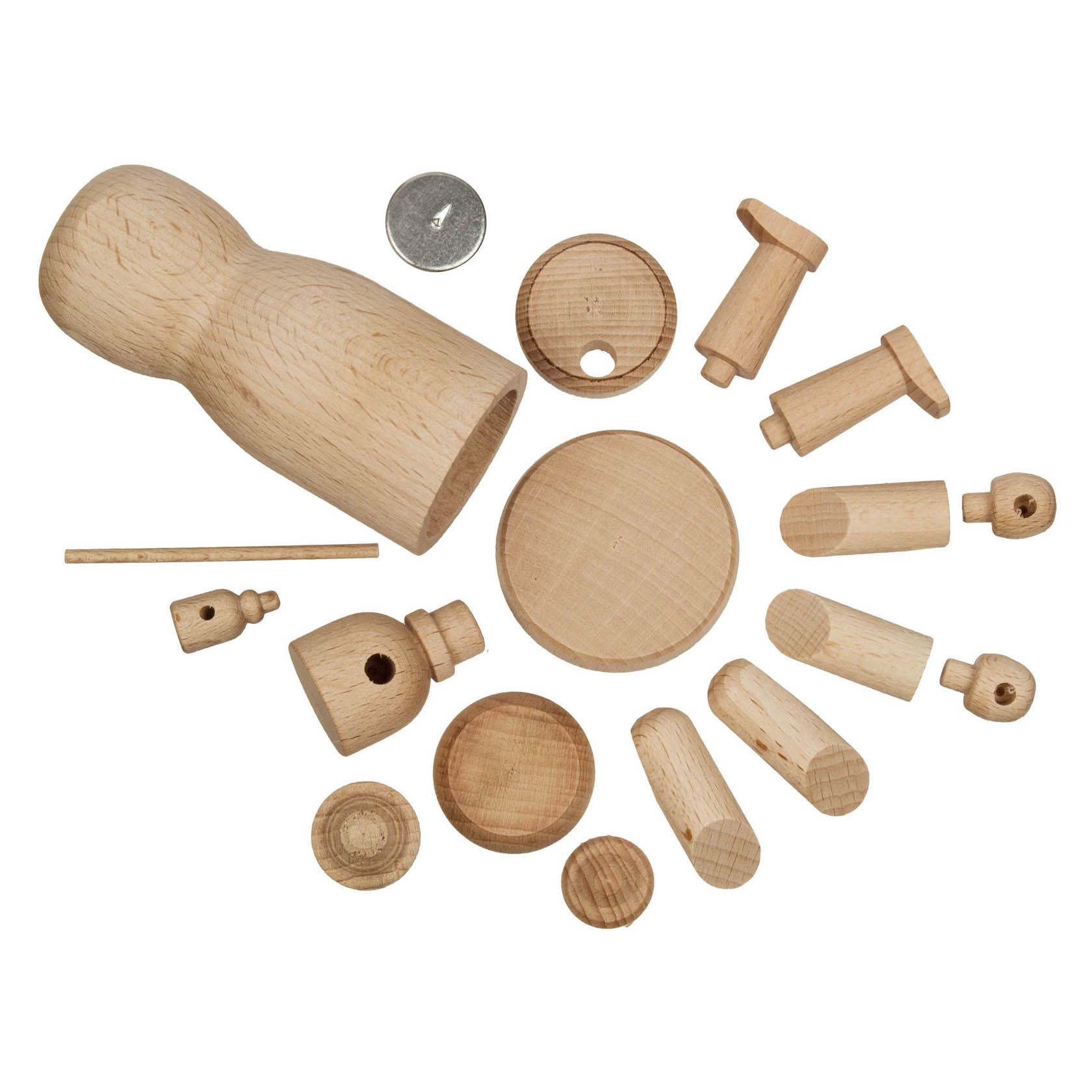 Ein Bastelset für ein Räuchermännchen bestehend aus einem Holzkörper und diversen Holzteilen, die zusammengesetzt das Räuchermännchen Kaspar ergeben.