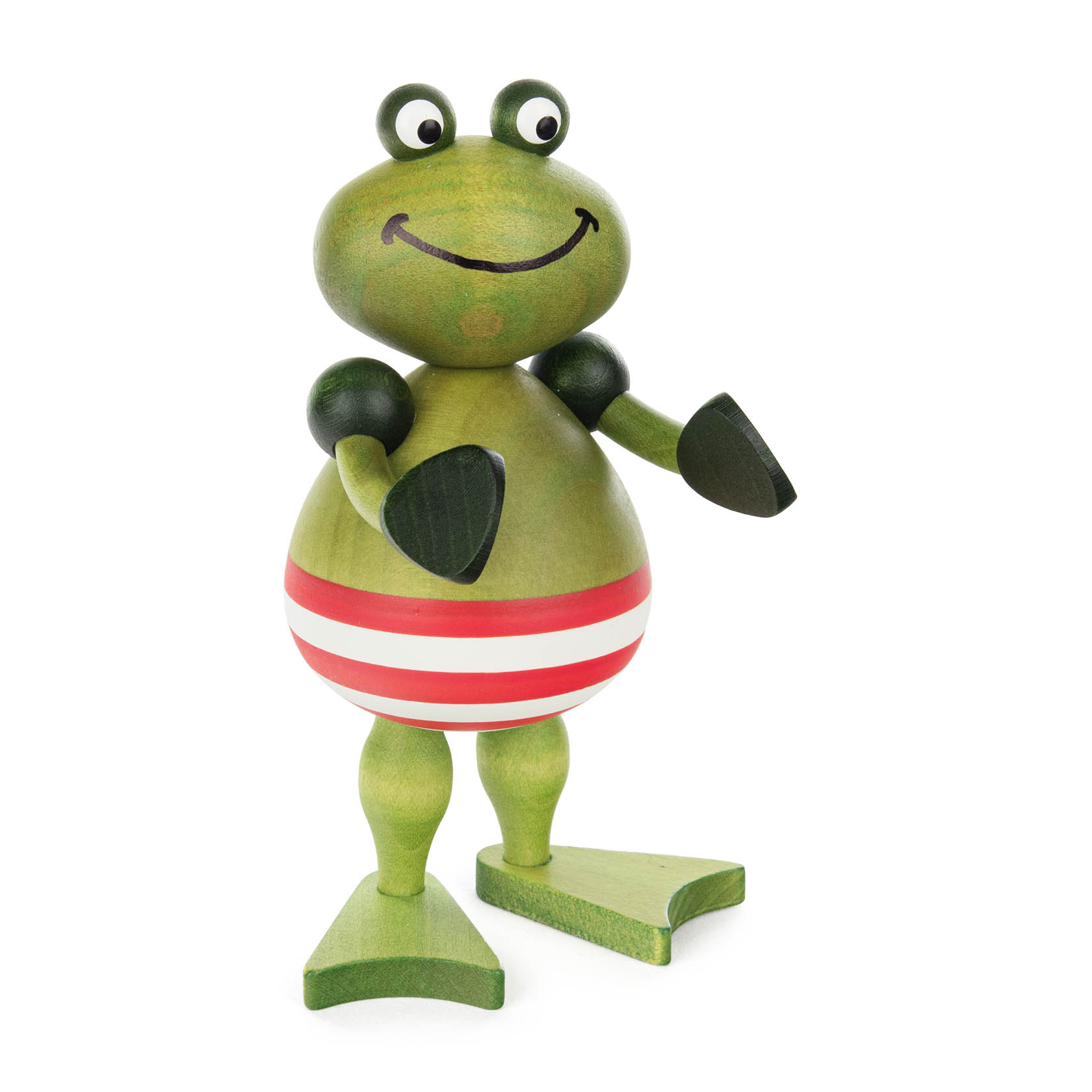 Holzfigur eines fröhlichen Froschs mit Schwimmreifen, genannt Albert. Er hat grüne Hände, Flossen und trägt einen rot-weiß gestreiften Badeanzug. im Dregeno Online Shop günstig kaufen