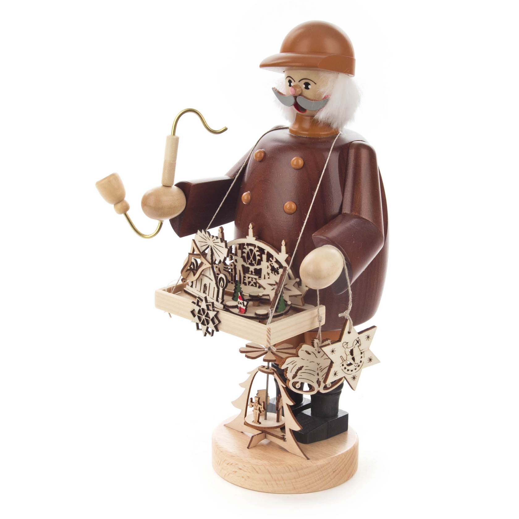 A wooden smoking figure of a Schwibbogen seller with a tray displaying miniature wooden candle arches and ornaments.