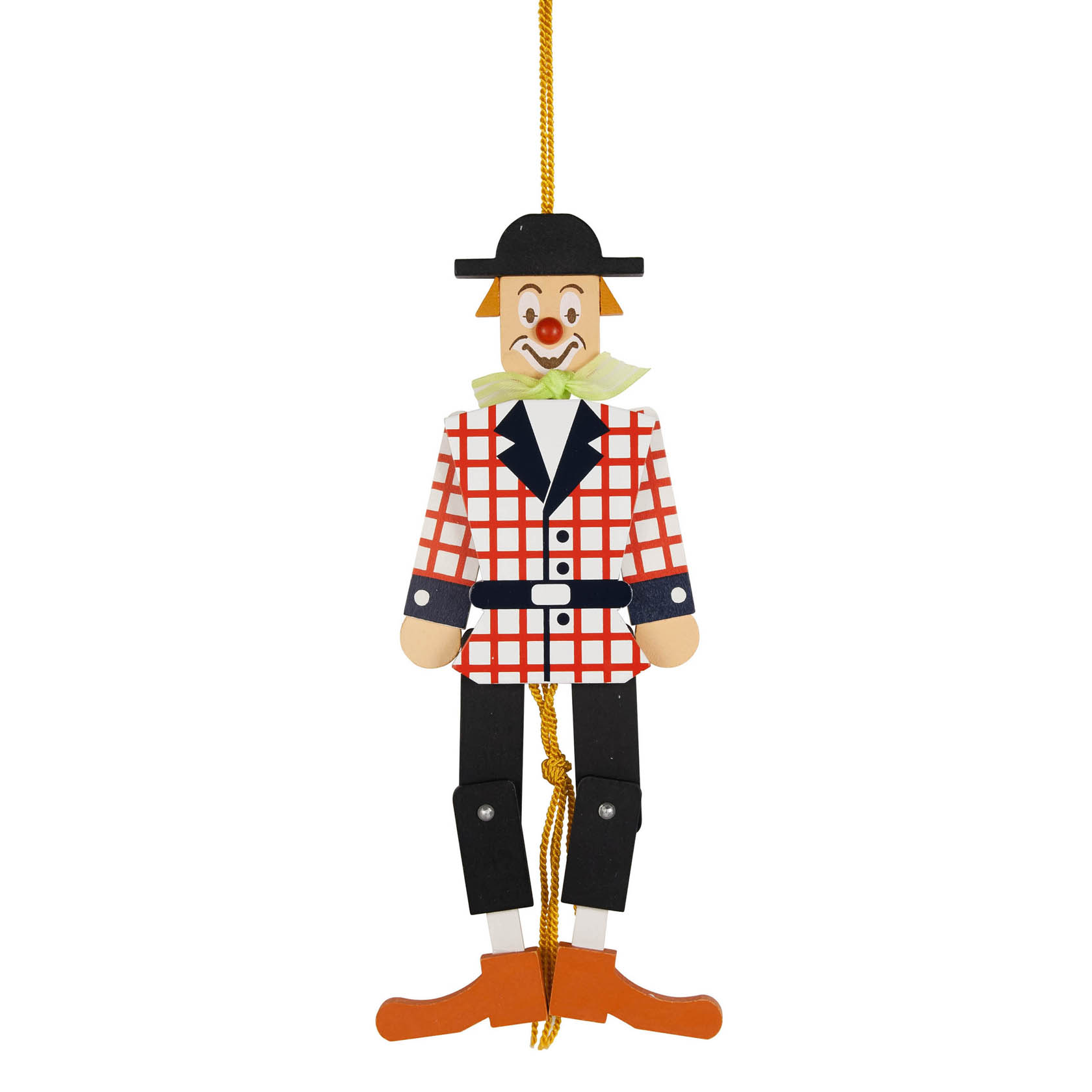 Ein Hampelmann in Clownkostüm mit kariertem Anzug, schwarzem Hut und großen Schuhen, verbunden mit einer Schnur zum Bewegen der Gliedmaßen. im Dregeno Online Shop günstig kaufen