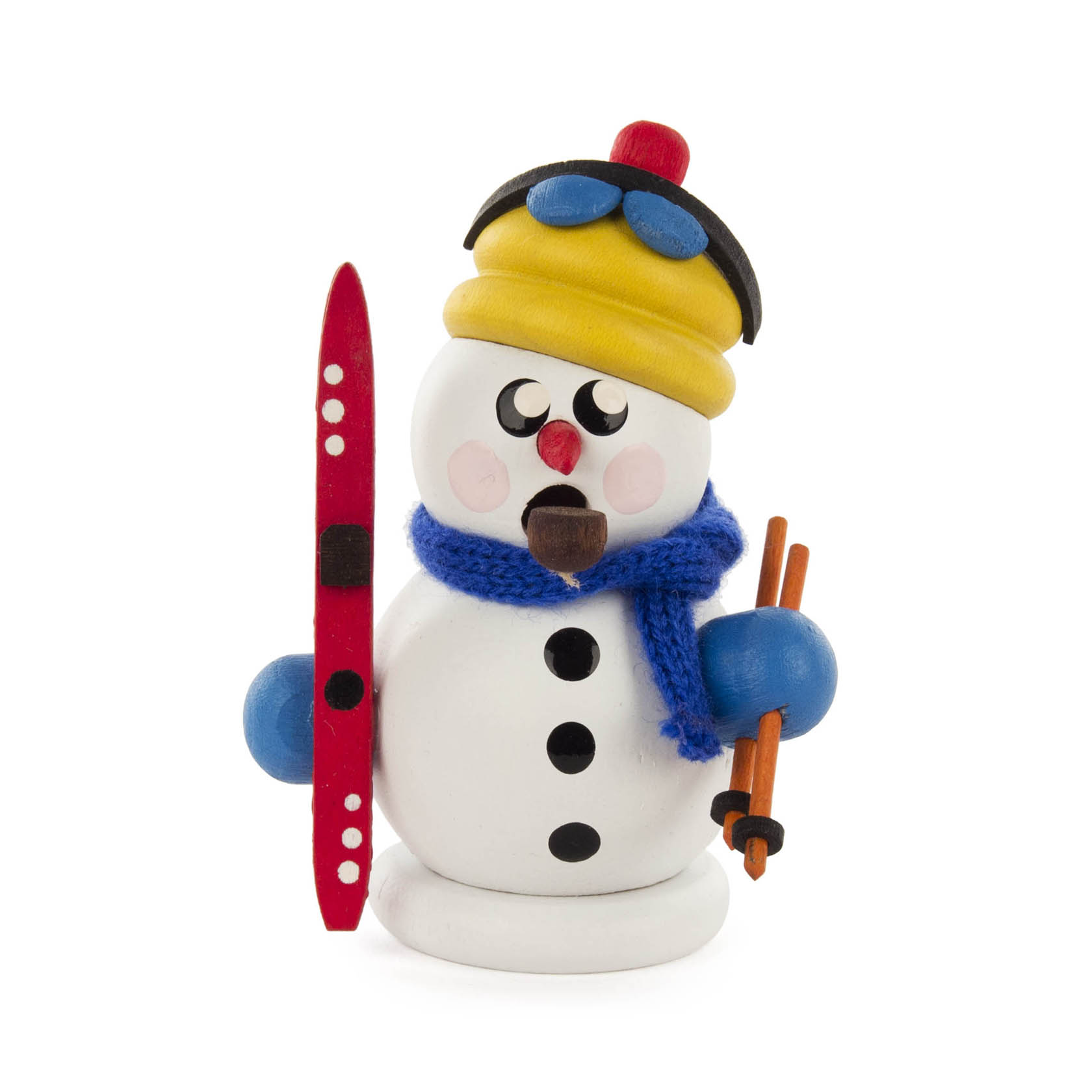 A mini snowman smoker figurine dressed as a biathlete, holding red skis and orange poles, wearing a yellow hat with goggles and a blue scarf. im Dregeno Online Shop günstig kaufen
