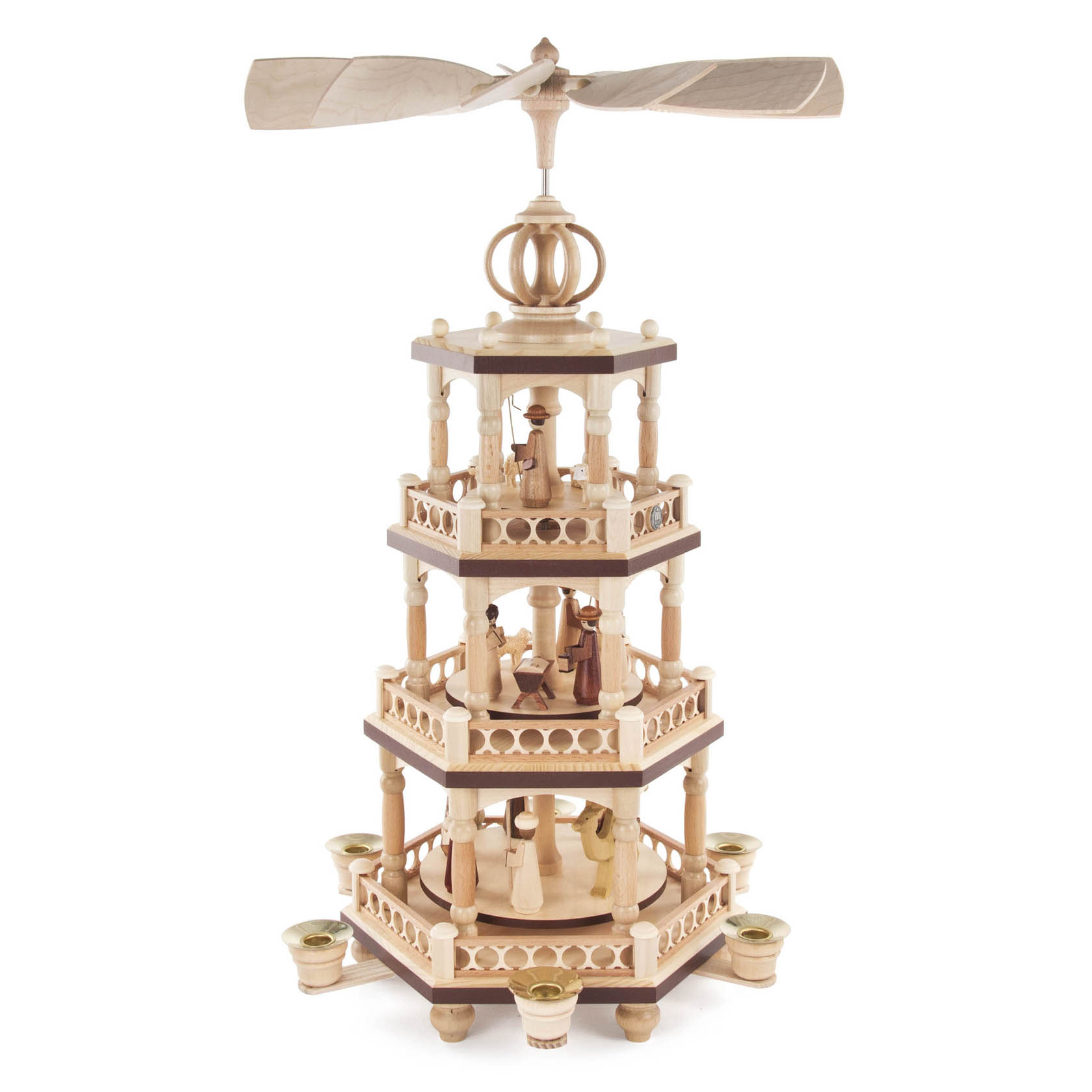 Three-tiered wooden Christmas pyramid with the Nativity scene, featuring rotating blades at the top and candle holders at the base for 14mm candles. im Dregeno Online Shop günstig kaufen