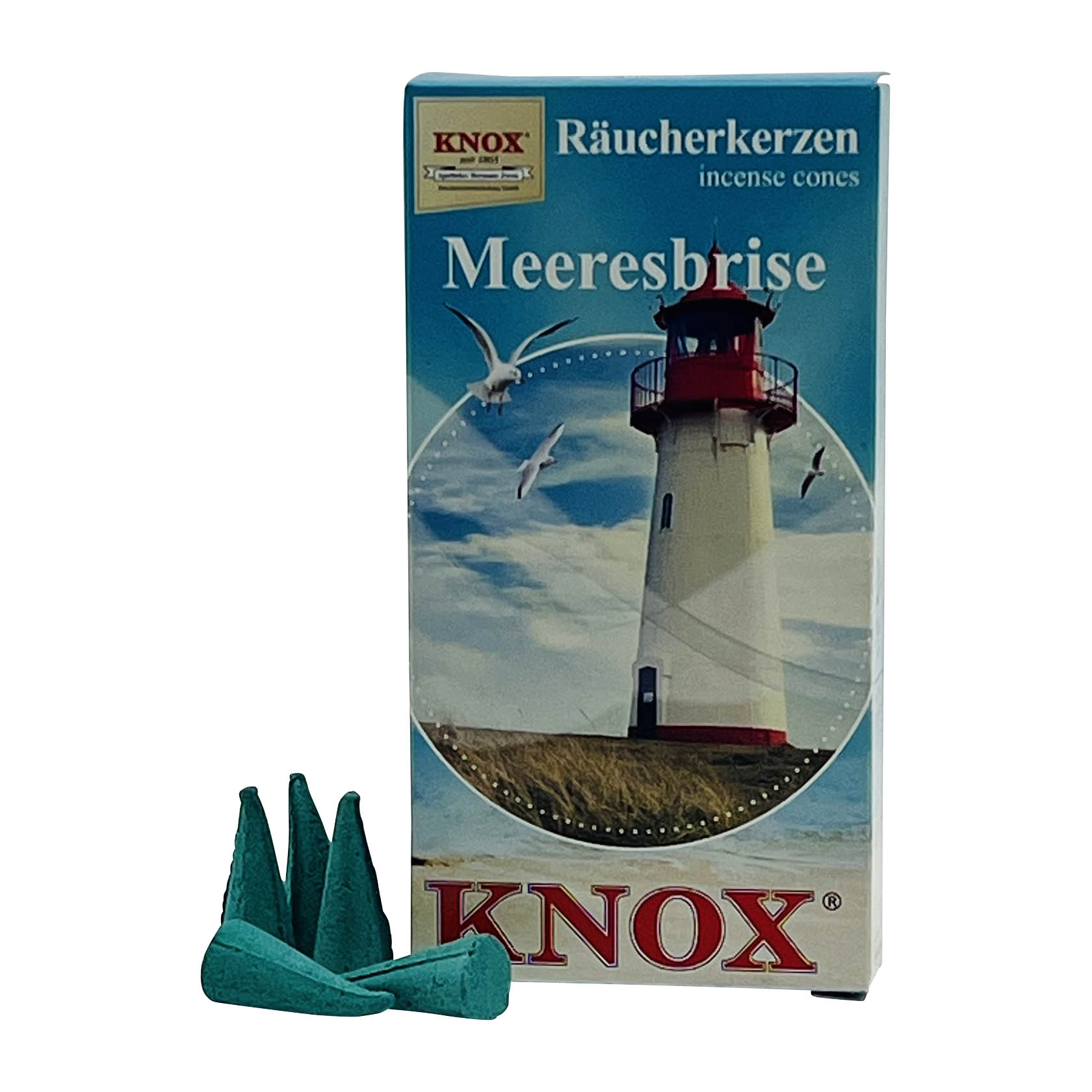 Verpackung von KNOX Räucherkerzen mit dem Motiv eines Leuchtturms am Meer, daneben einige blaue Räucherkerzenkegel und aufsteigender Rauch. im Dregeno Online Shop günstig kaufen