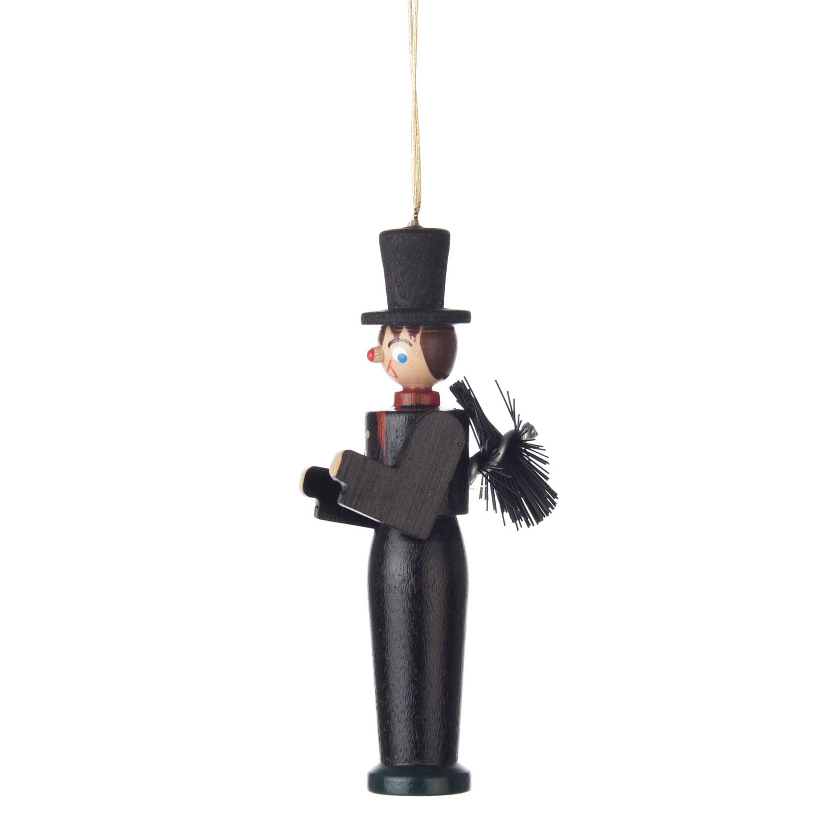Holzfigur eines Schornsteinfegers als Weihnachtsschmuck. Die Figur trägt einen schwarzen Zylinder und einen schwarzen Anzug mit einem Schornsteinbesen.