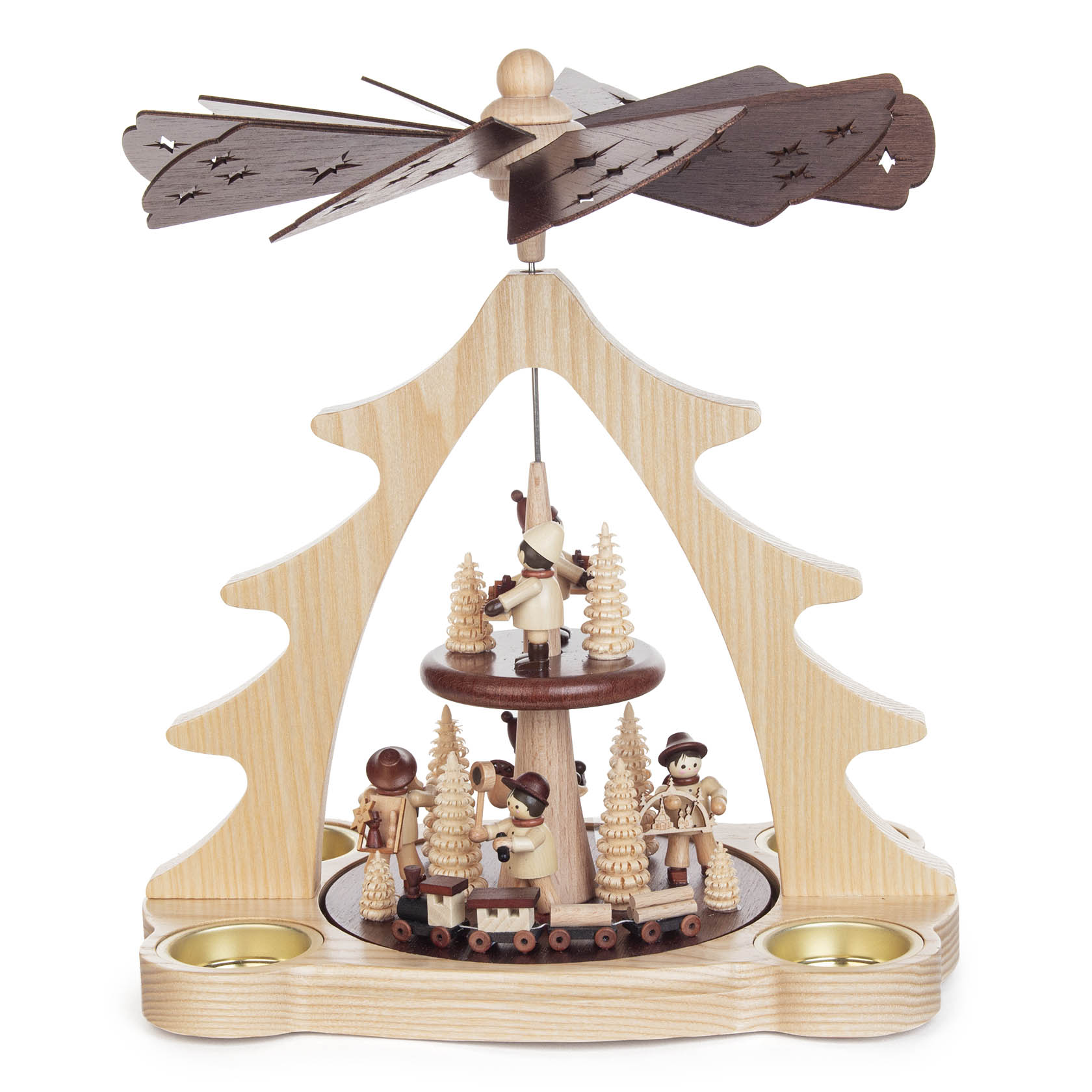 A wooden Christmas pyramid with children figurines playing among small trees. The pyramid has a propeller on top, activated by candles. im Dregeno Online Shop günstig kaufen