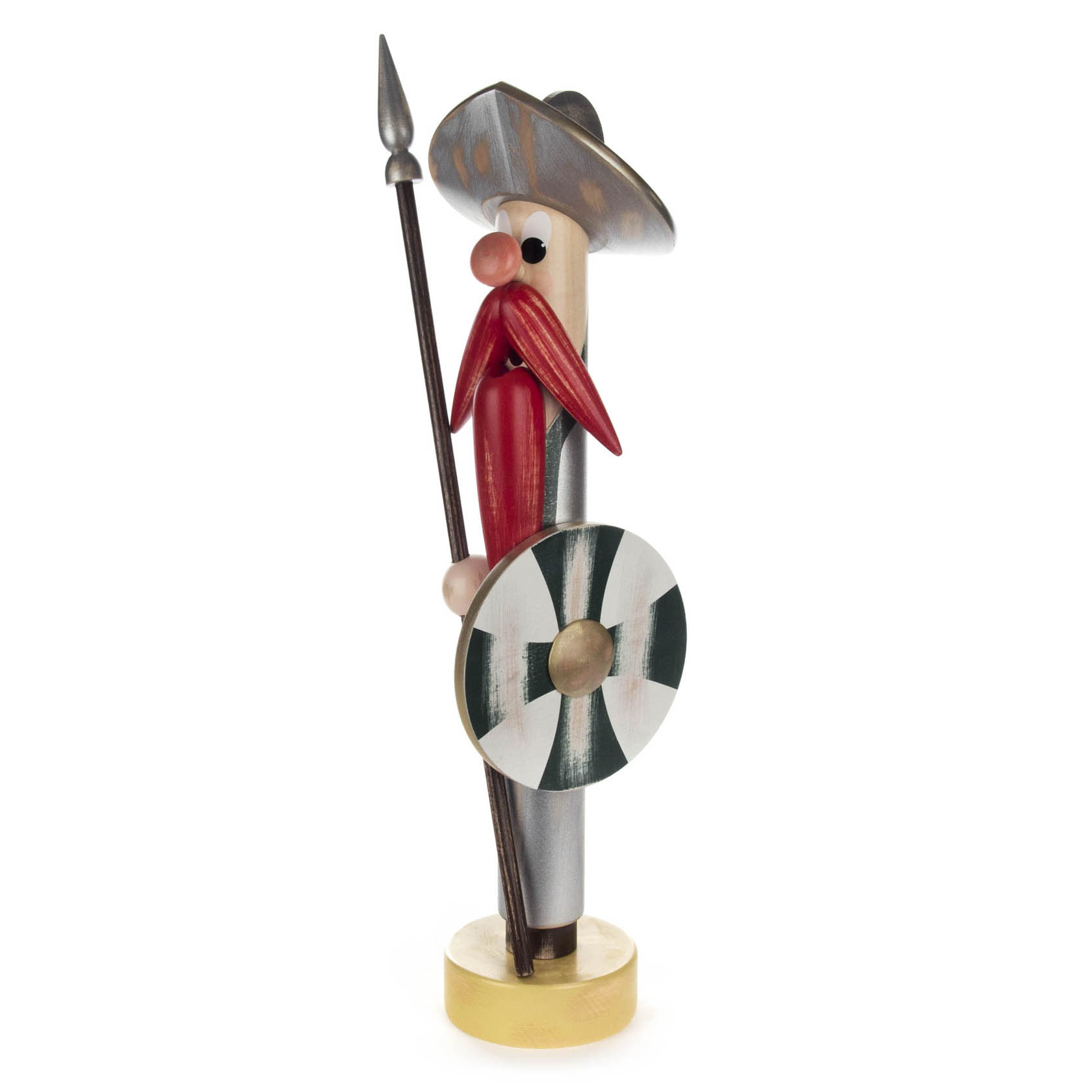 Ein hölzerner Räuchermann in Form eines Ritters im Shabby Chic Stil, mit rotem Mantel, Helm, Lanze und einem grün-weiß gestreiften Schild. im Dregeno Online Shop günstig kaufen