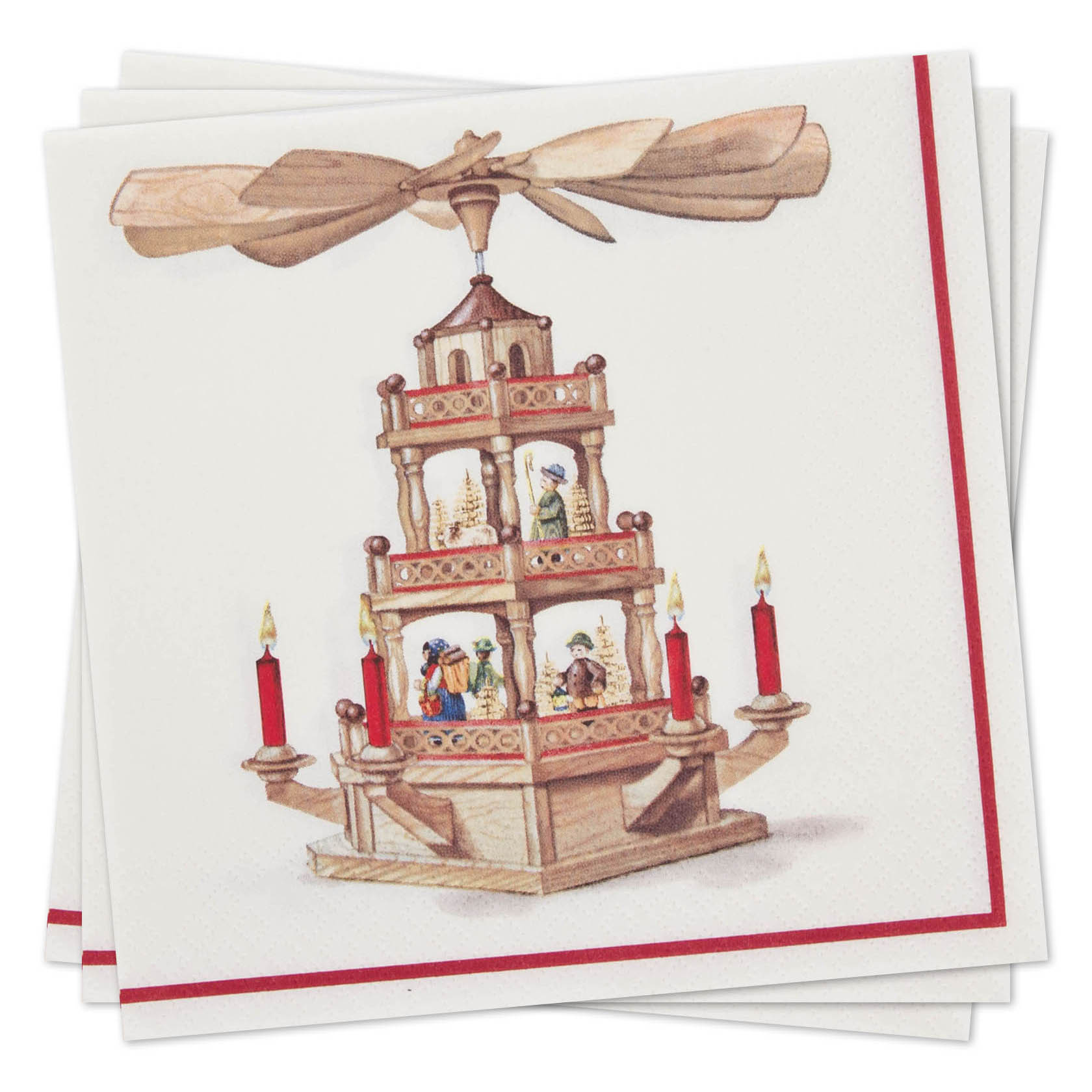 Bild zeigt vier Papierservietten mit Motiv einer mehrstöckigen hölzernen Weihnachtspyramide, verziert mit Figuren und roten Kerzen. im Dregeno Online Shop günstig kaufen