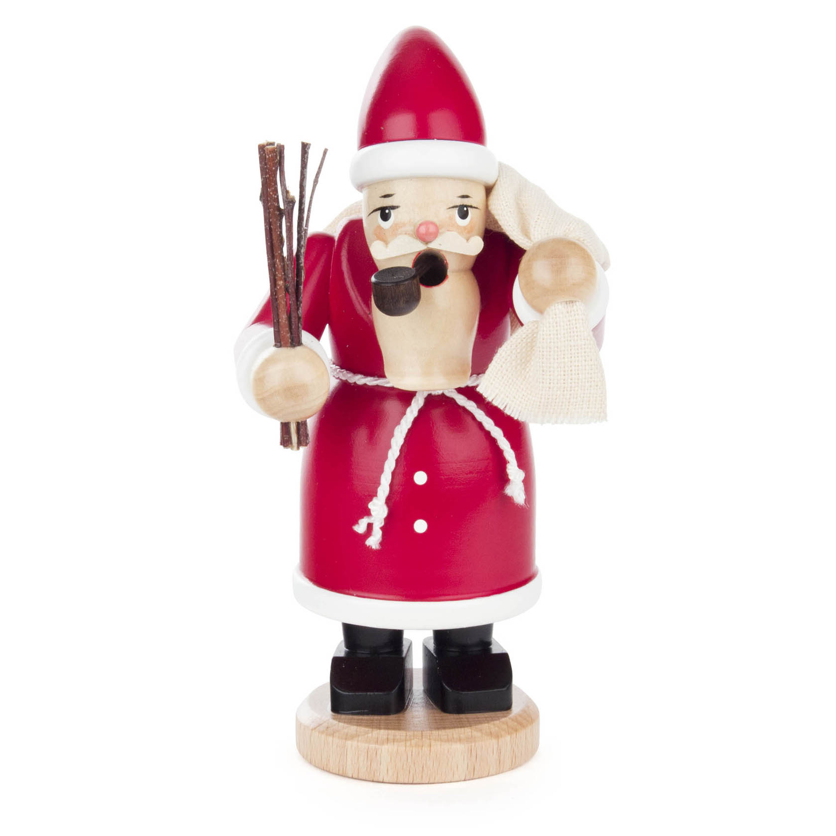 Ein Mini-Räuchermann in Form eines Weihnachtsmannes. Er trägt einen roten Mantel, hält eine Pfeife im Mund und eine Rute in der Hand. Er steht auf einem runden Sockel.