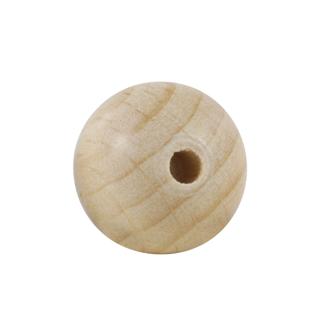 Nahaufnahme einer Rohholzkugel mit einem Durchmesser von 15mm und einem durchgehenden Loch in der Mitte. im Dregeno Online Shop günstig kaufen