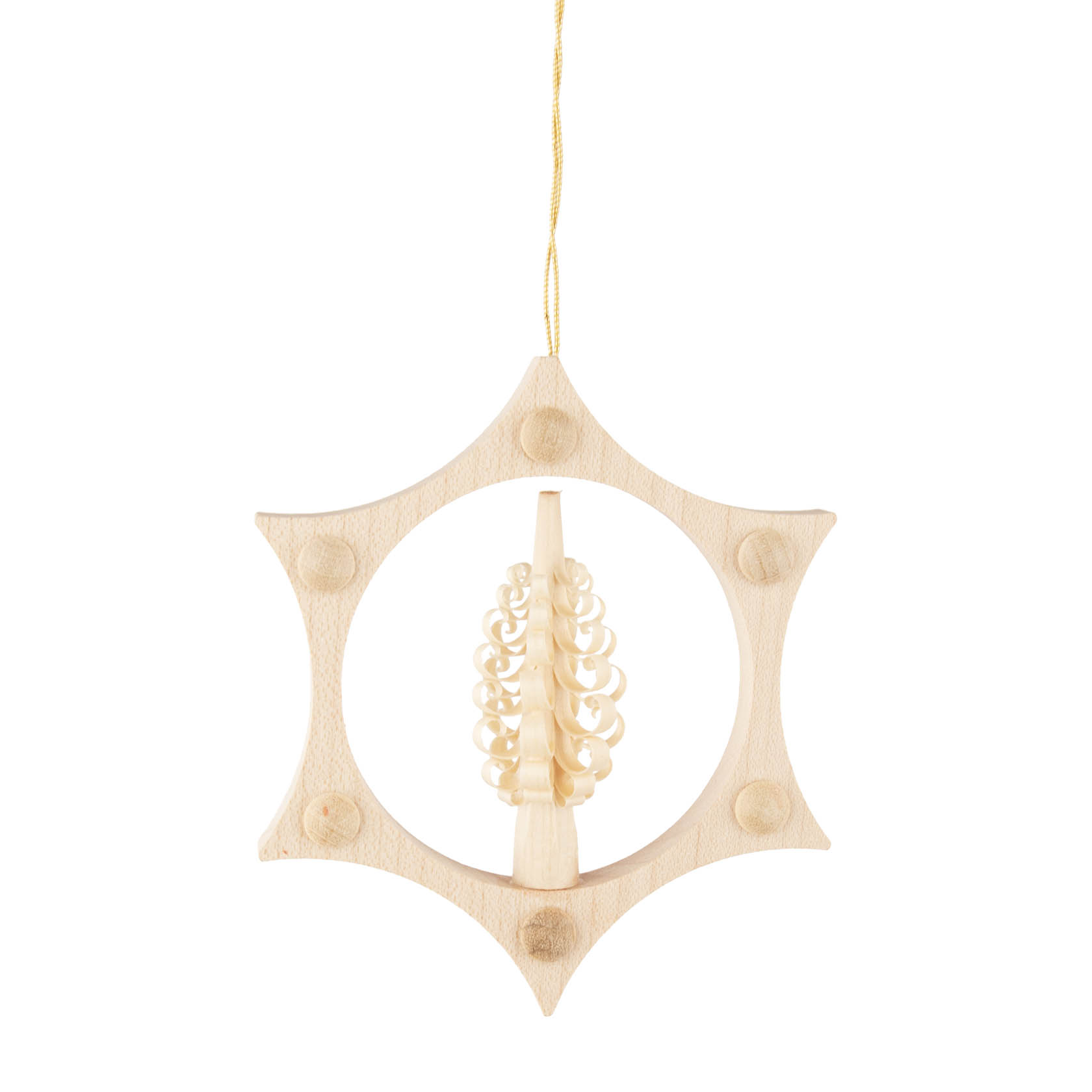 Ein filigraner Spanbaum in einem sternförmigen Holzrahmen, aufgehängt an einer goldenen Schnur. Der Baum wirkt dekorativ und handgefertigt. im Dregeno Online Shop günstig kaufen