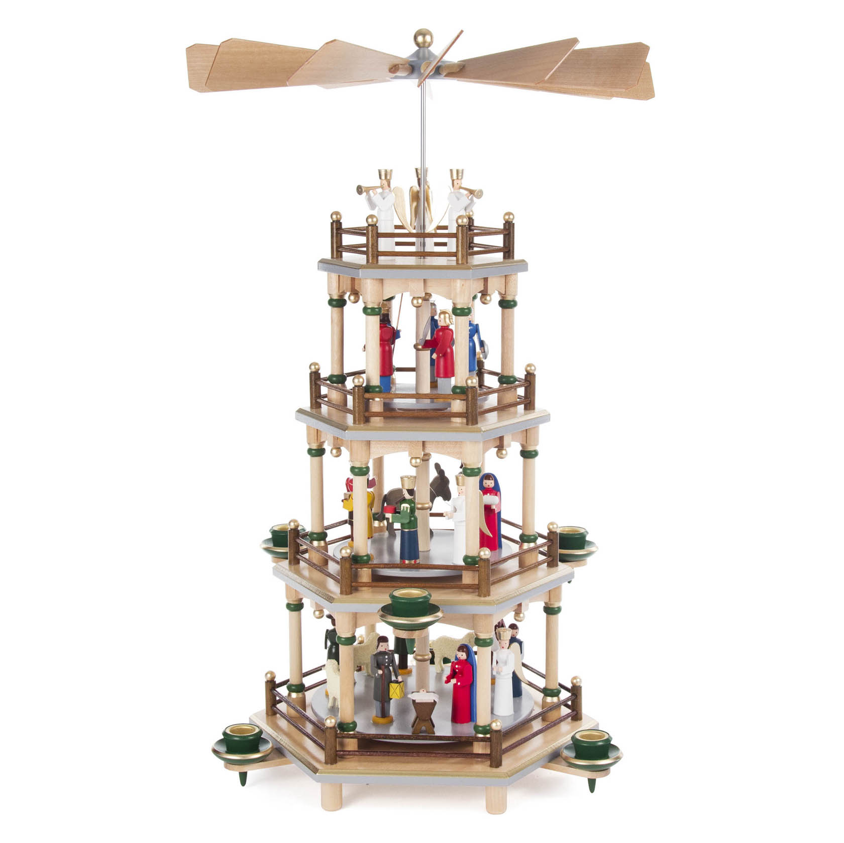 Dreistöckige Weihnachtspyramide aus Holz mit Figuren der Geburt Christi und Kerzenhaltern, verziert mit Figurengruppen auf jeder Etage. im Dregeno Online Shop günstig kaufen