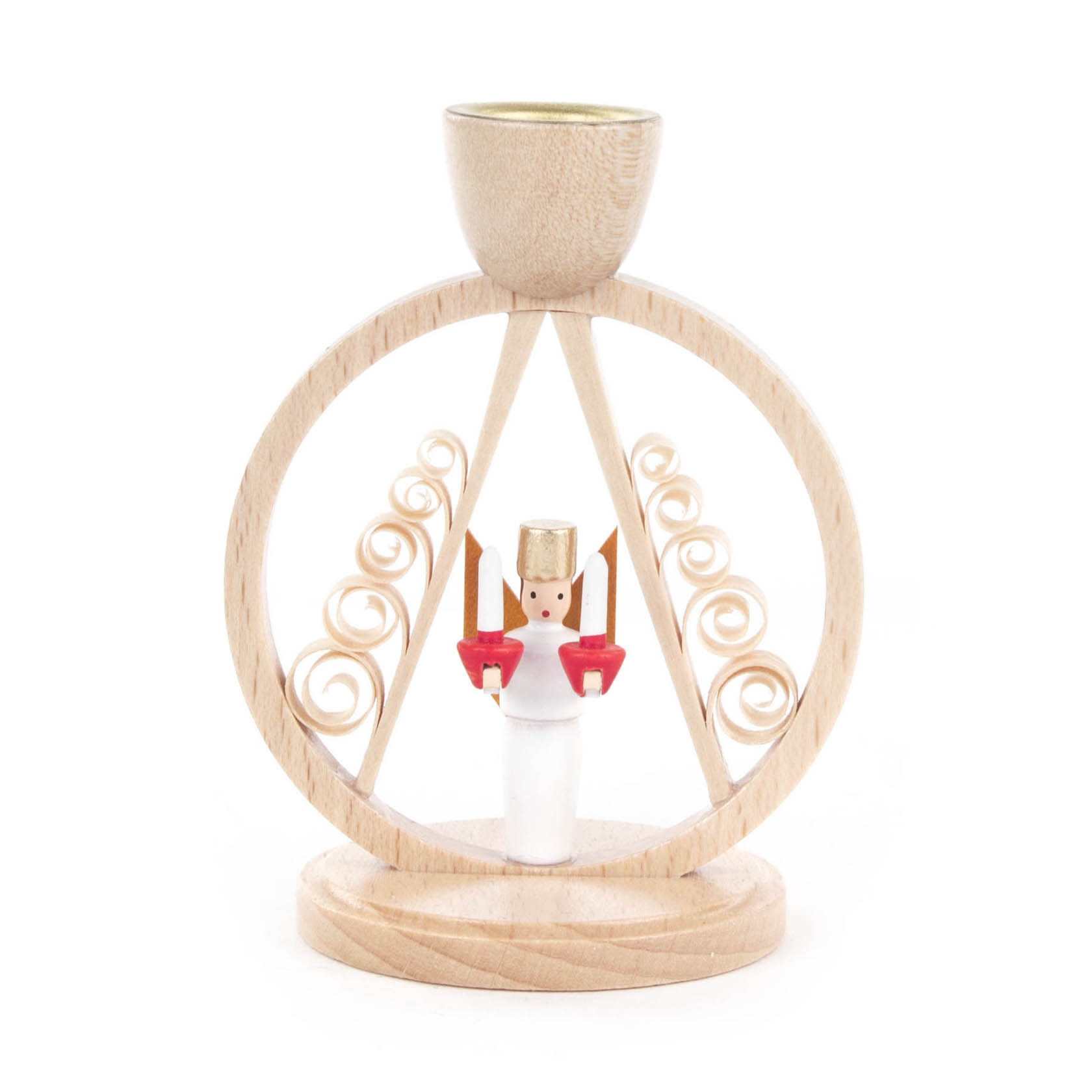 Ein hölzerner Kerzenhalter mit einem Engel in einem Ring, Verzierungen auf beiden Seiten des Engels und einem goldenen Kerzenhalter oben. im Dregeno Online Shop günstig kaufen