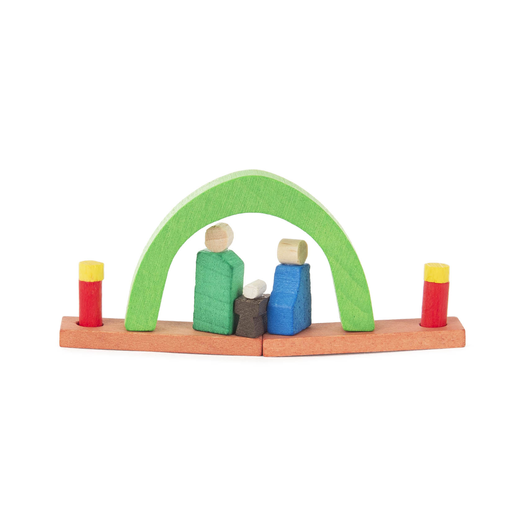 Miniaturszene eines Schwibbogens mit bunten Holzfiguren und einem grünen Bogen darstellt. im Dregeno Online Shop günstig kaufen