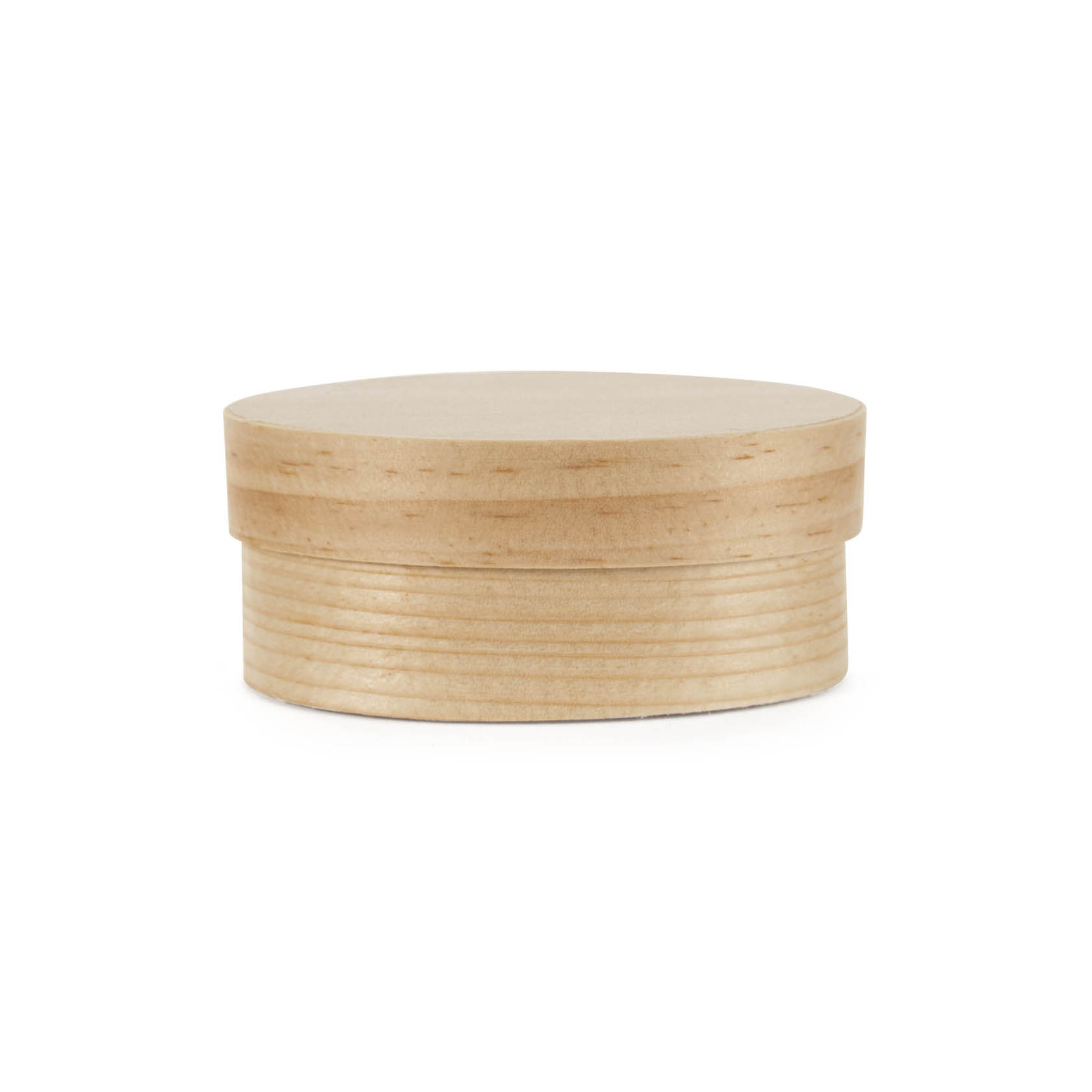 Eine ovale, flache Spanschachtel mit abnehmbarem Deckel in natürlicher Holzoptik. im Dregeno Online Shop günstig kaufen