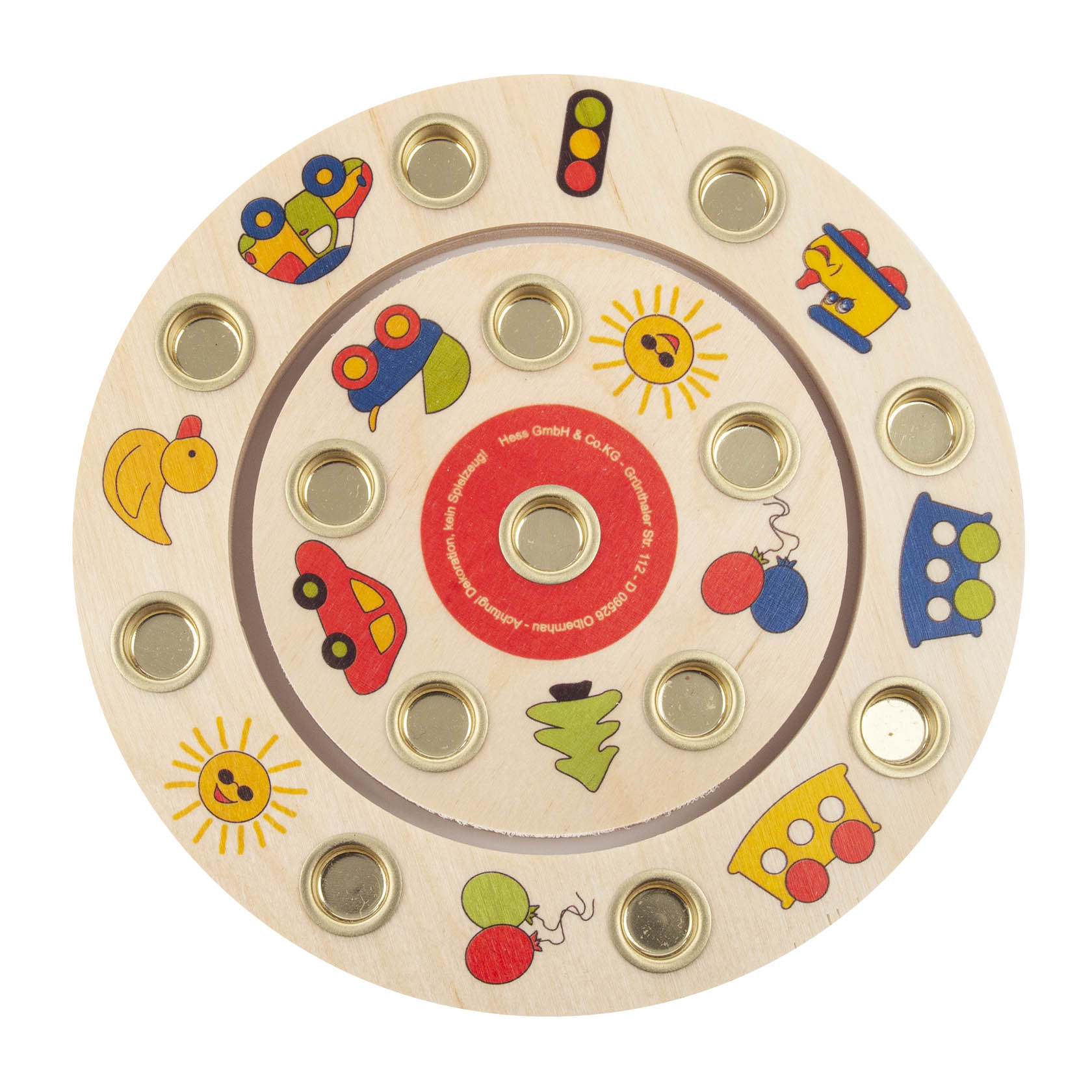Ein kleines, rundes Geburtstagsringset aus Holz mit bunten, kindgerechten Motiven wie Sonne, Auto und Ente. Es hat mehrere runde Aussparungen für Kerzen. im Dregeno Online Shop günstig kaufen