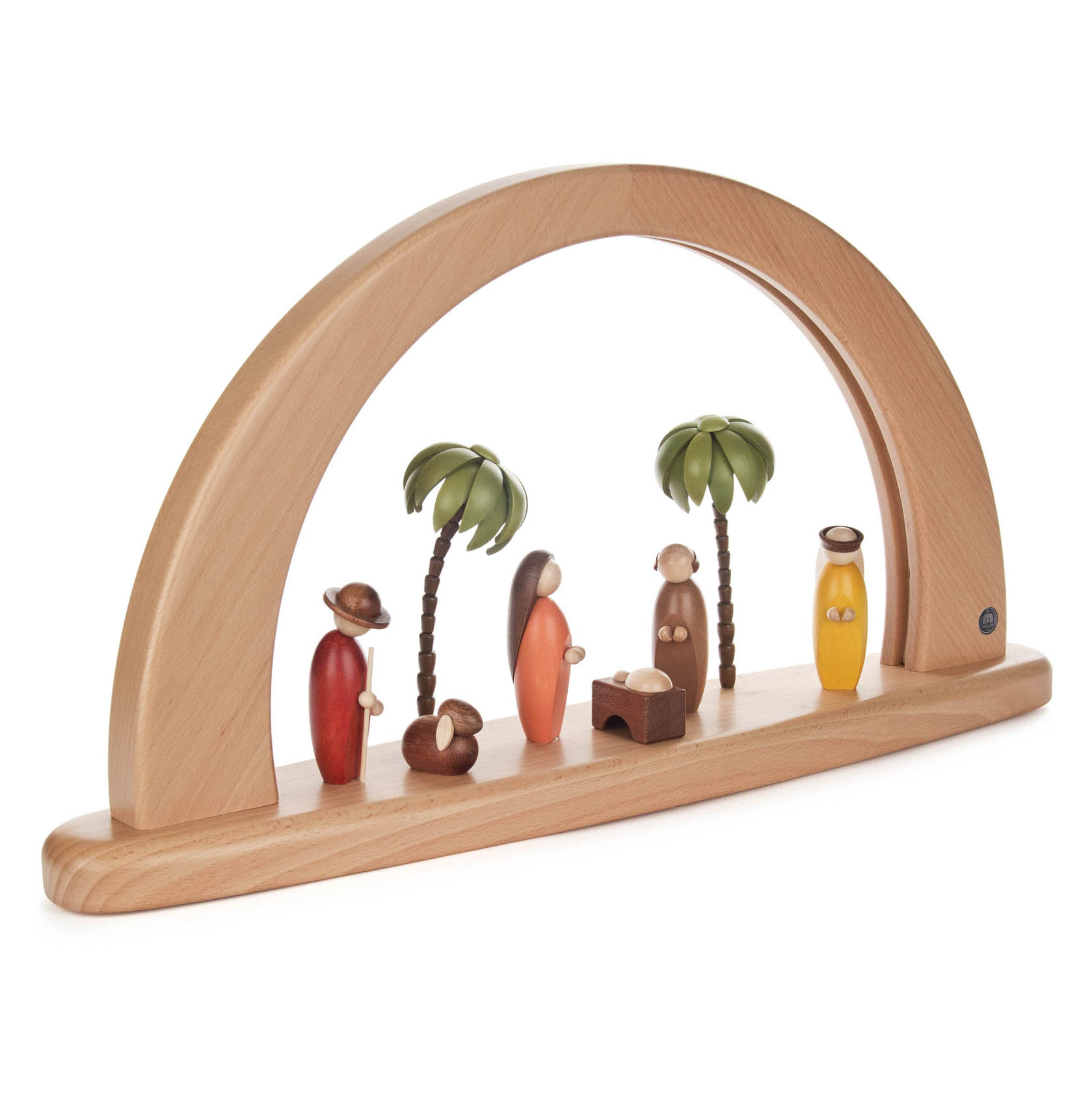 Colorful nativity scene with wooden figures under an arched frame, featuring Mary, Joseph, baby Jesus, a shepherd, and two palm trees, LED lit.