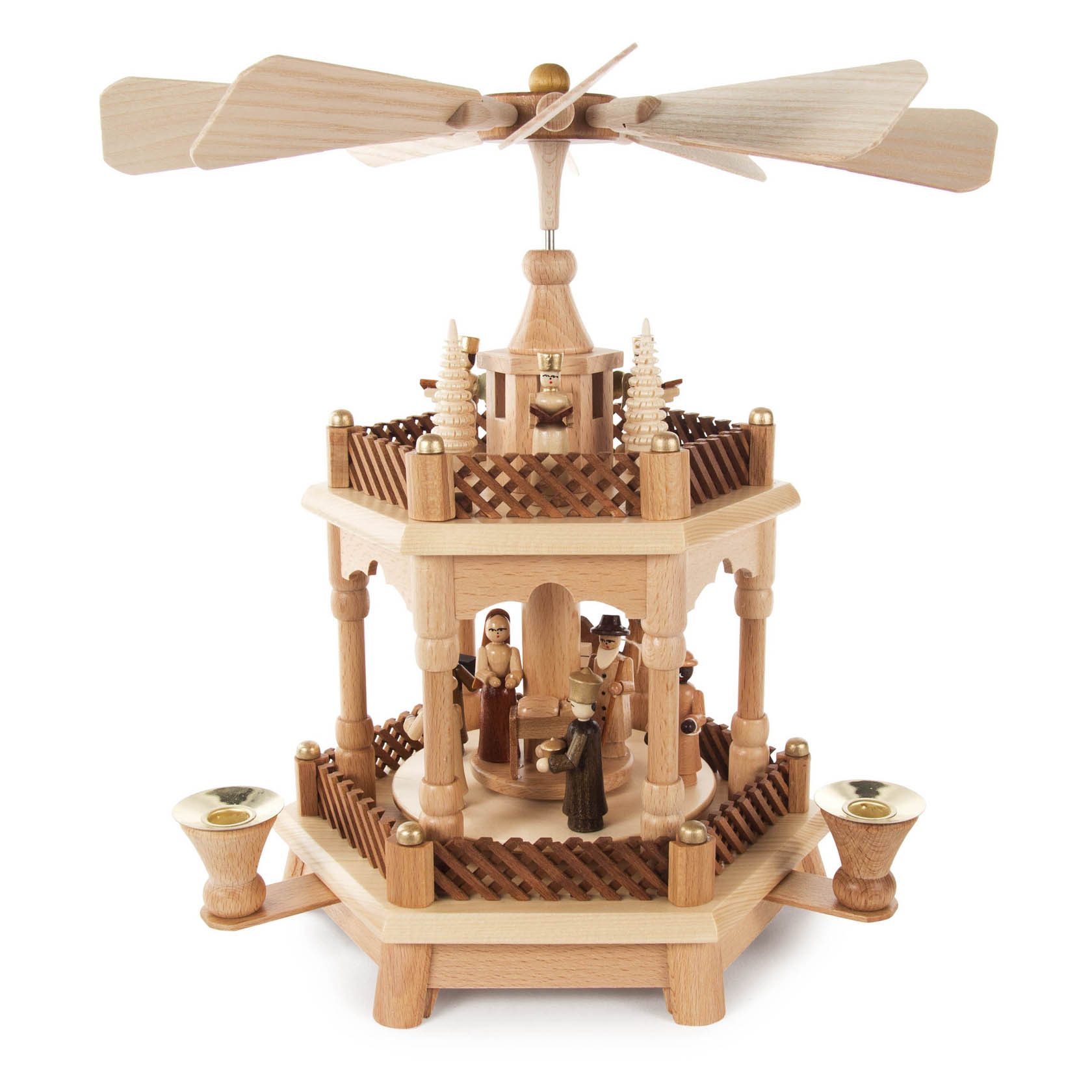 1-stöckige Weihnachtspyramide aus Holz mit Christi Geburtsszene, oben ein Flügelrad, unten Kerzenhalter für 14mm Kerzen. im Dregeno Online Shop günstig kaufen