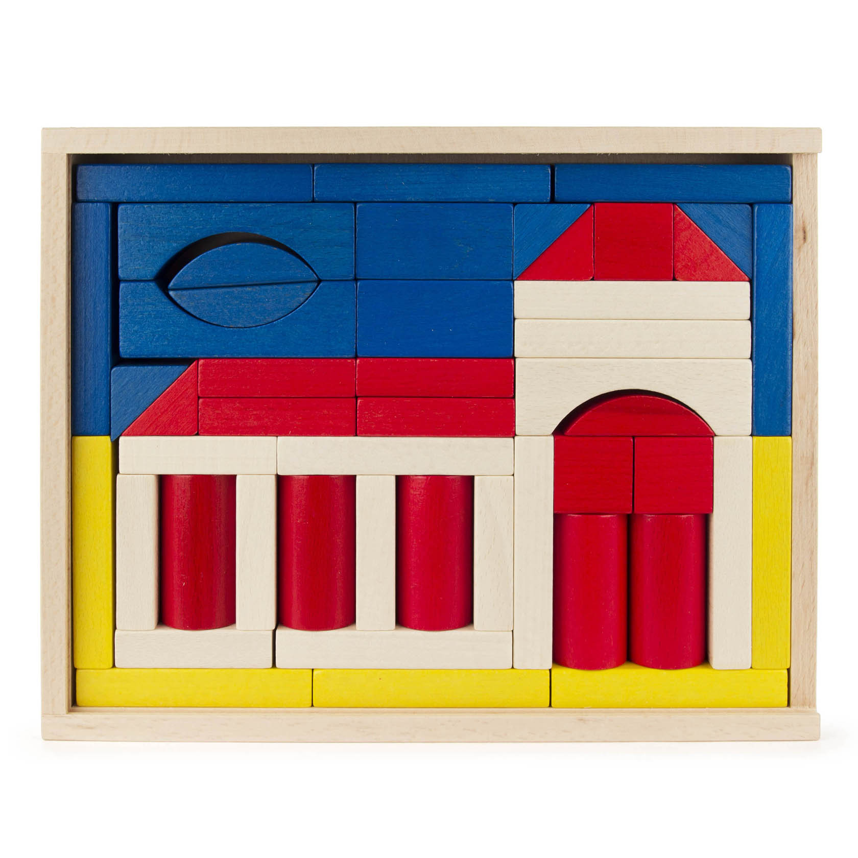 Bunter Baukasten aus 48 Teilen in Form einer Kirche mit blauen, roten, gelben und weißen Holzbausteinen, die eine architektonische Szene darstellen. im Dregeno Online Shop günstig kaufen