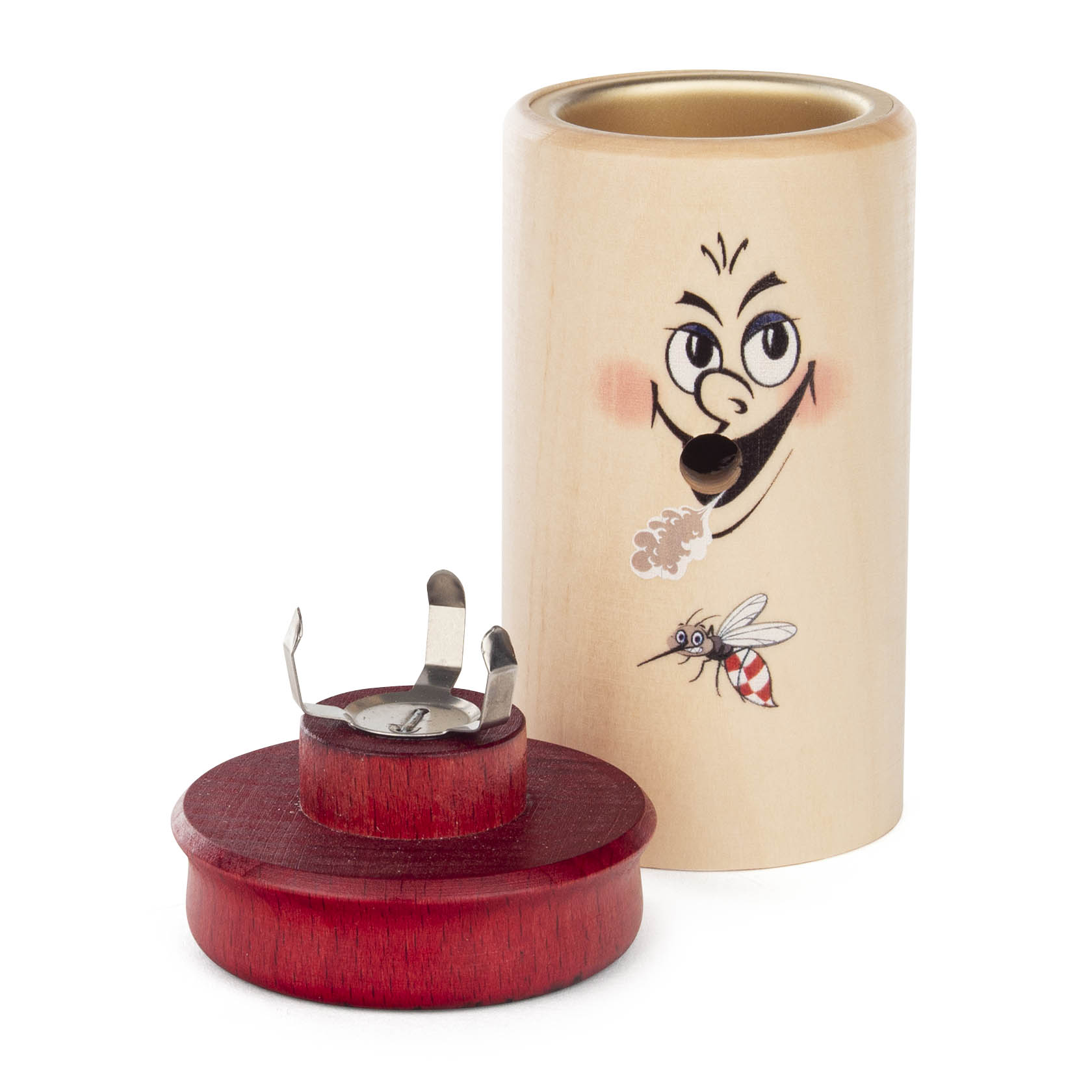 Wooden incense burner with a mosquito design and metal holder for incense cones, next to a matching wooden lid.