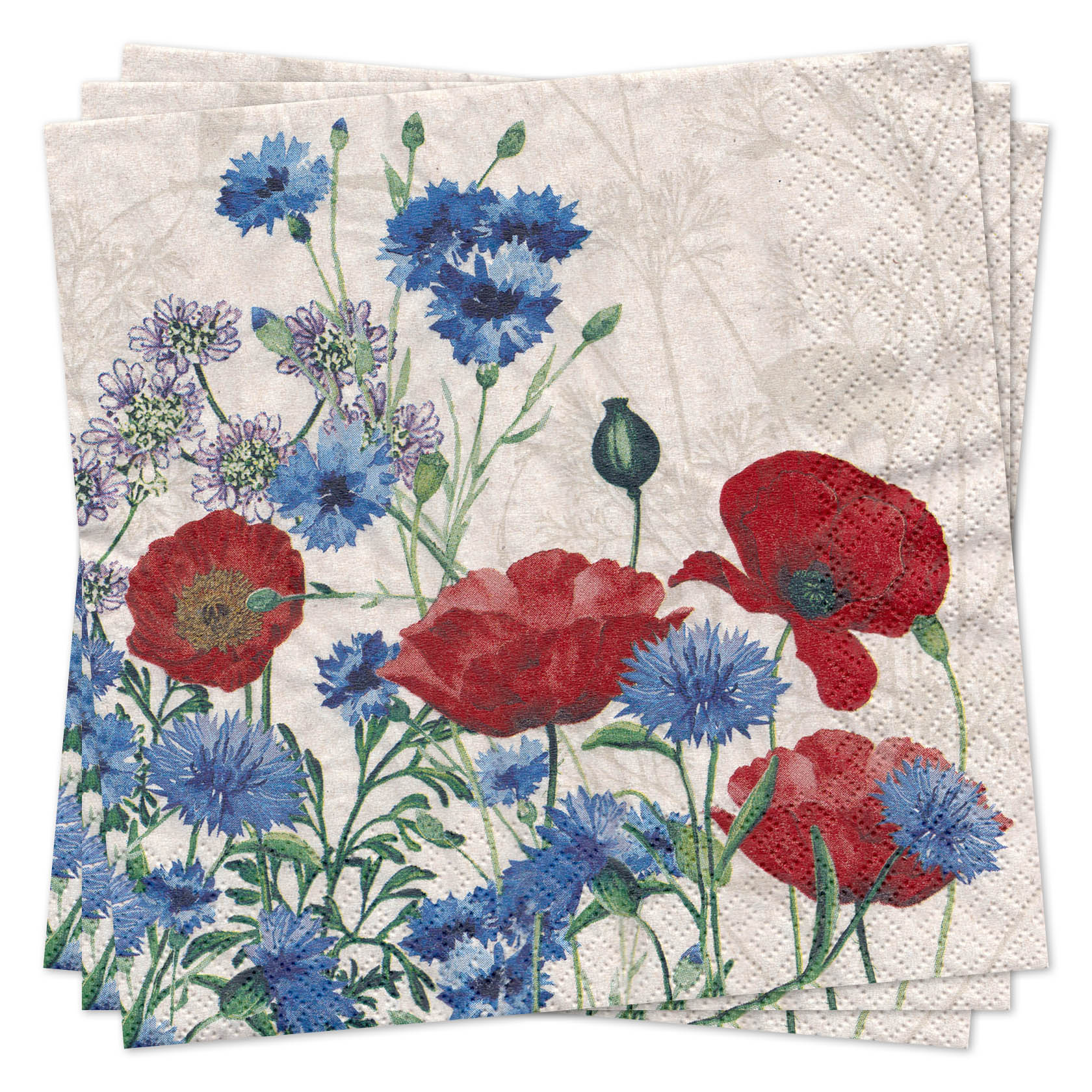 Papier-Servietten mit roten Mohnblumen und blauen Kornblumen. Das Design zeigt mehrere Mohnblumenblüten und Knospen im Vordergrund. im Dregeno Online Shop günstig kaufen