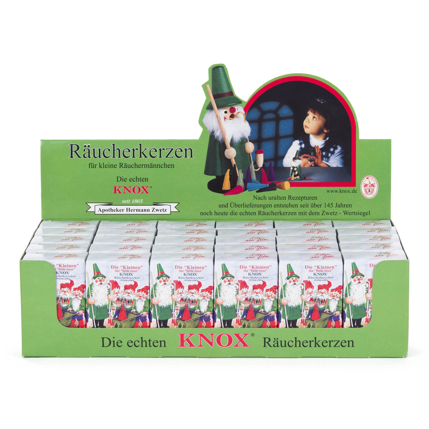 Verkaufsdisplay für KNOX Mini-Räucherkerzen in bunter Mischung. Der Displaykarton zeigt 30 Schachteln à 24 Stück mit weihnachtlichem Design. im Dregeno Online Shop günstig kaufen