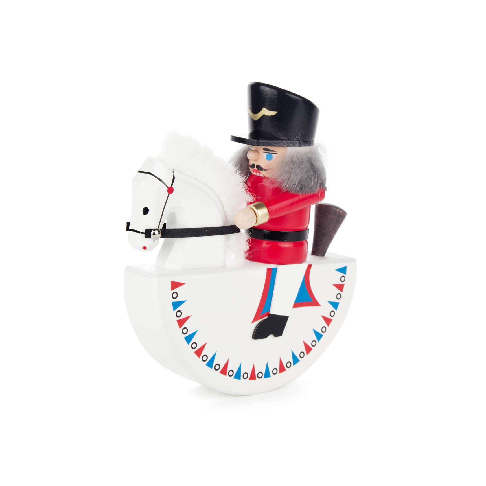 Holzfigur eines Husarenreiter in roter Uniform auf einem weißen Schaukelpferd. Der Husar hat eine graue Mähne und trägt einen schwarzen Hut. im Dregeno Online Shop günstig kaufen