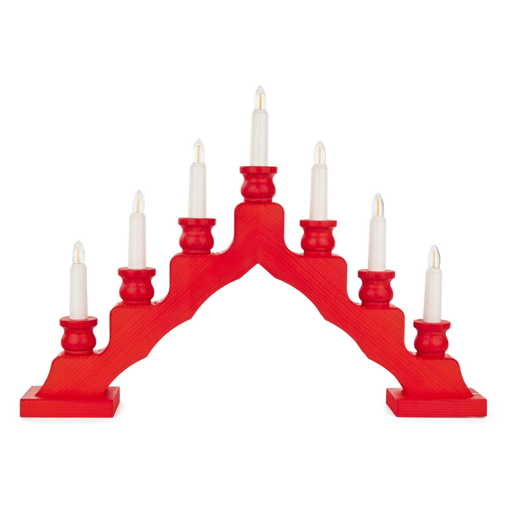 Ein roter Schwedenleuchter mit sieben weißen, elektrischen Kerzen, die auf drei Stufen verteilt sind, steht aufrecht. im Dregeno Online Shop günstig kaufen