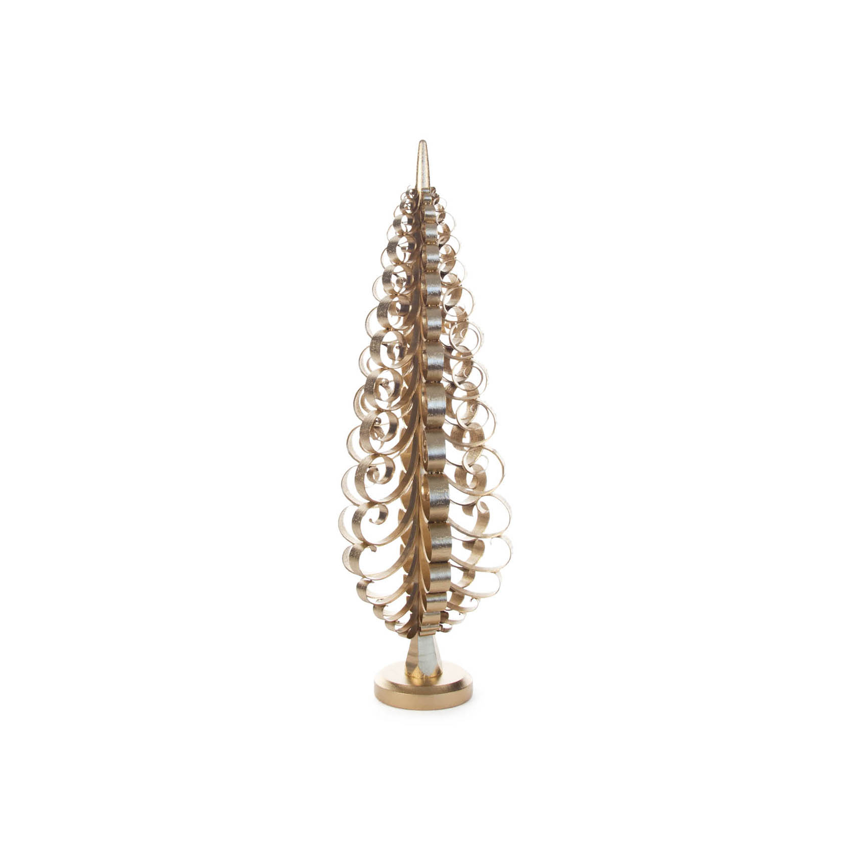 Ein 35 cm hoher, vergoldeter Spanbaum mit filigranen Holzspänen in spiralförmigen Schichten, die einen stilisierten Tannenbaum bilden. im Dregeno Online Shop günstig kaufen