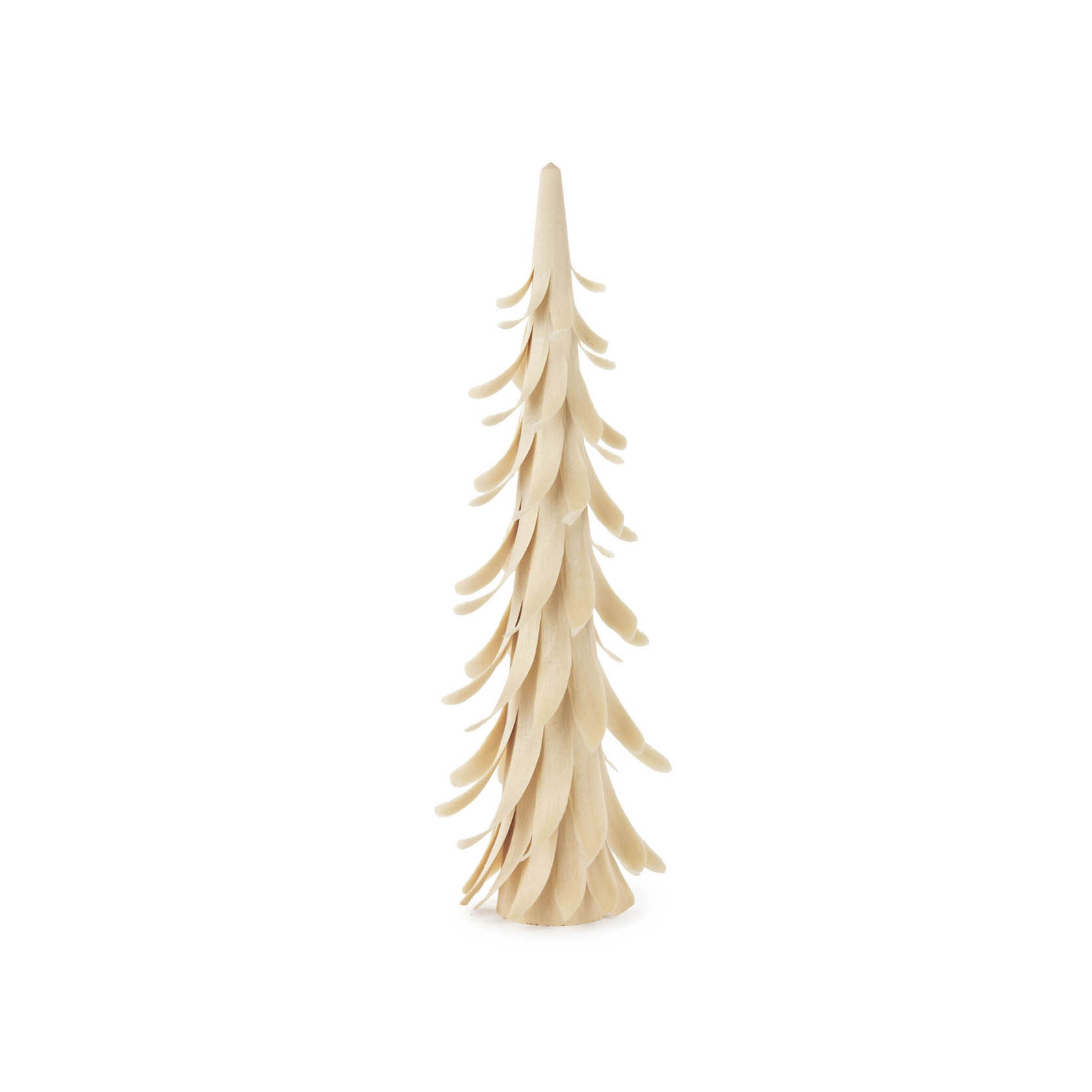 Ein kleiner, 20 cm hoher Spiralbaum aus hellem, naturfarbenem Holz, der aussieht wie ein stilisierter Tannenbaum mit spiralförmig angeordneten Blättern. im Dregeno Online Shop günstig kaufen