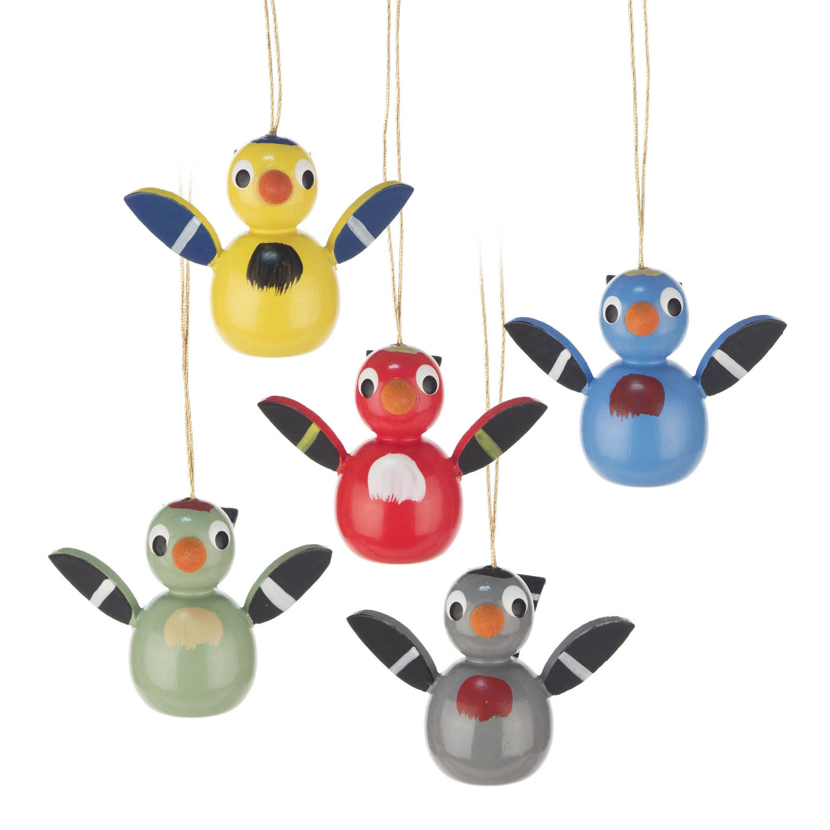 Fünf bunte, hölzerne Vogel-Anhänger mit ausgebreiteten Flügeln hängen an goldenen Schnüren. im Dregeno Online Shop günstig kaufen
