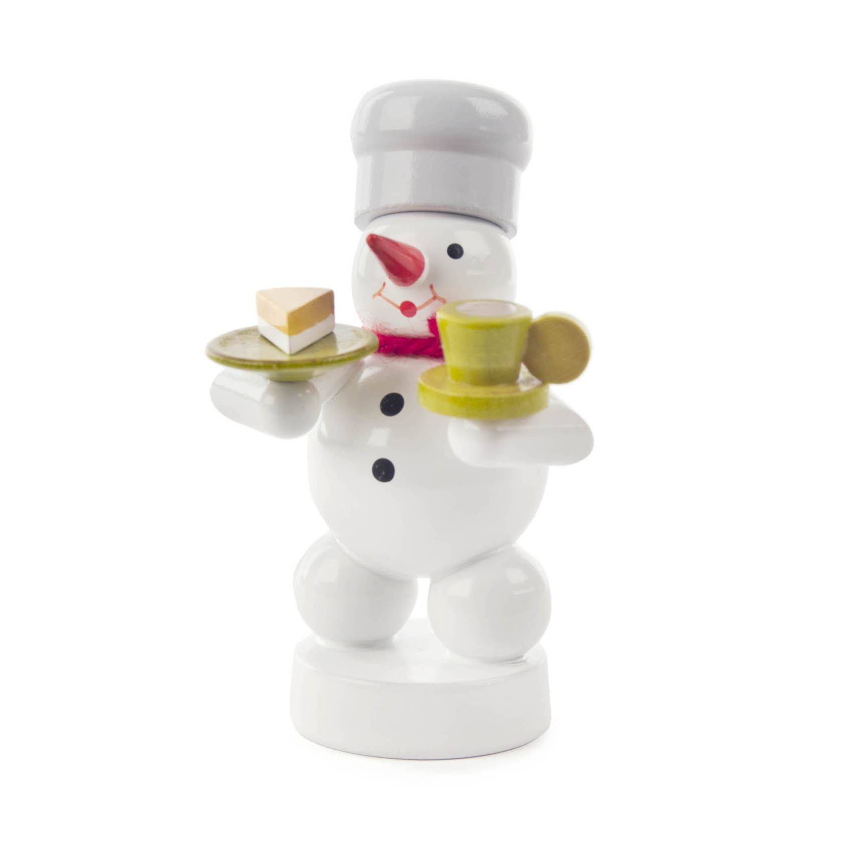 Ein Schneemann mit Bäckermütze hält eine Tasse Kaffee und ein Stück Kuchen auf einem Teller. im Dregeno Online Shop günstig kaufen