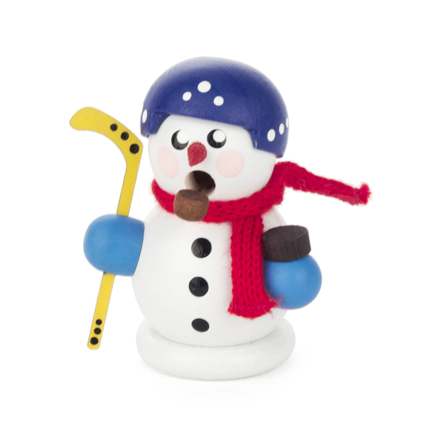 Ein kleiner Holzmännchen-Räuchermann in Form eines Schneemanns mit blauem Helm, Rotem Schal und Eishockeyschläger in der Hand. im Dregeno Online Shop günstig kaufen