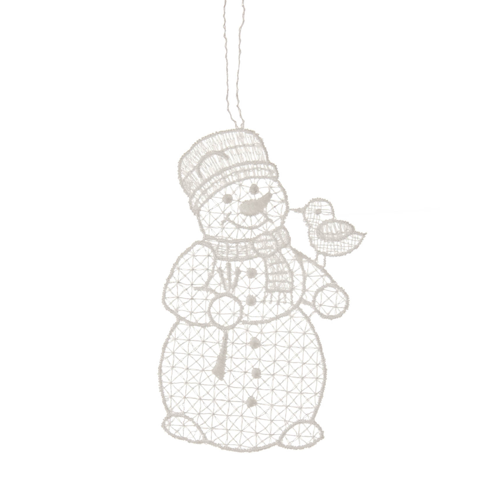 Dekorativer, freistehender Schneemann aus Plauener Spitze mit fröhlichem Gesicht, Mütze, Schal und einem Vogel auf der rechten Hand. im Dregeno Online Shop günstig kaufen