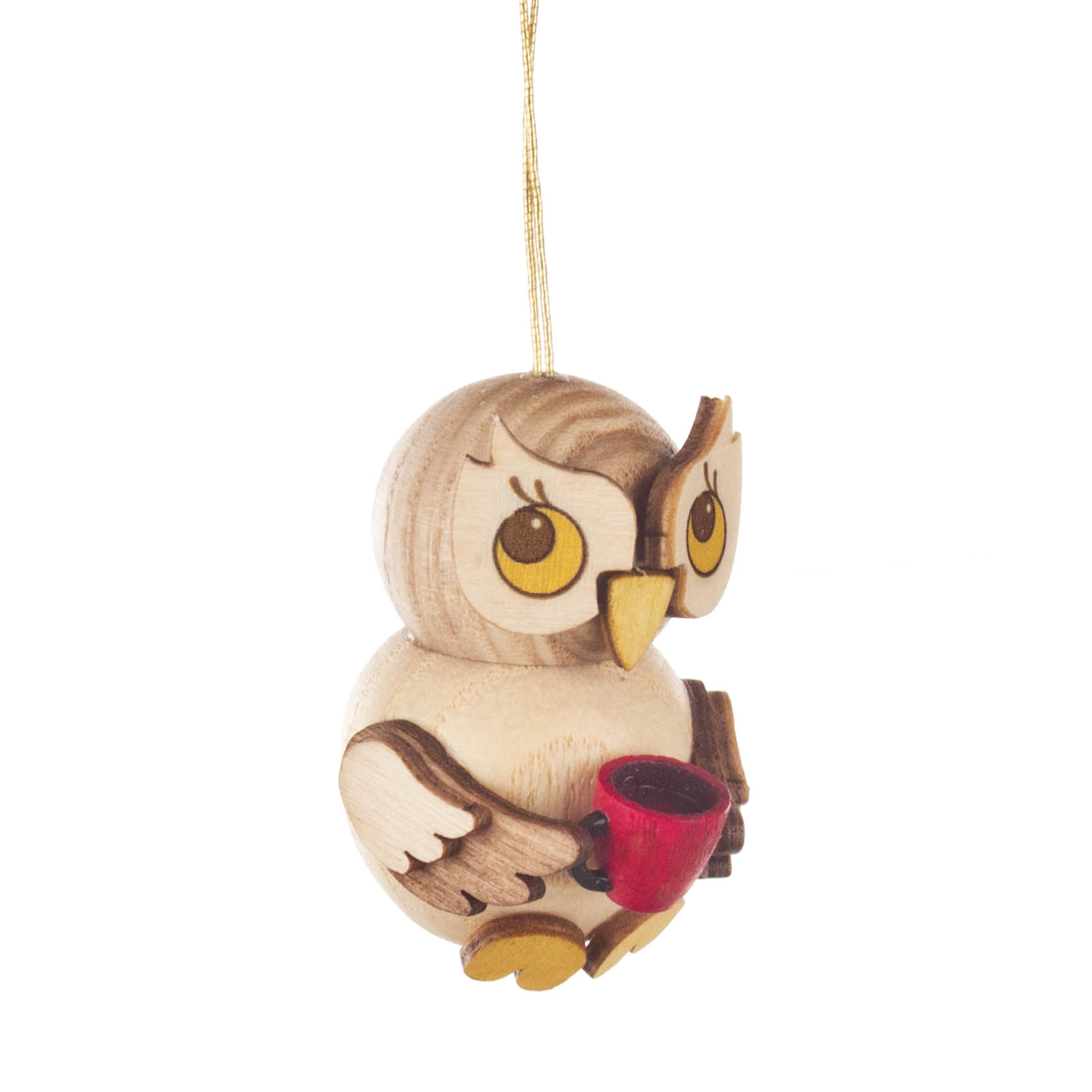 Dekorativer Holzanhänger in Form einer Eule mit einer roten Tasse. Die Eule ist detailreich gestaltet und hat gelbe Augen. im Dregeno Online Shop günstig kaufen