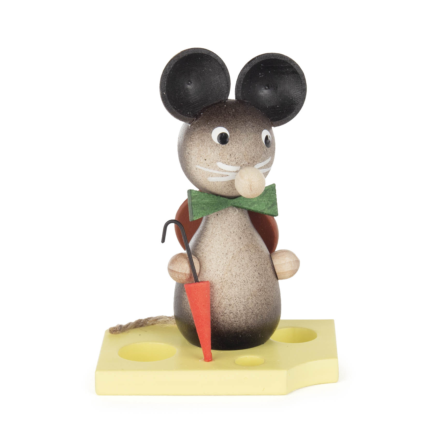Holzmaus mit grünem Schleifenband, rotem Hut, Regenschirm und gelber Standfläche. im Dregeno Online Shop günstig kaufen