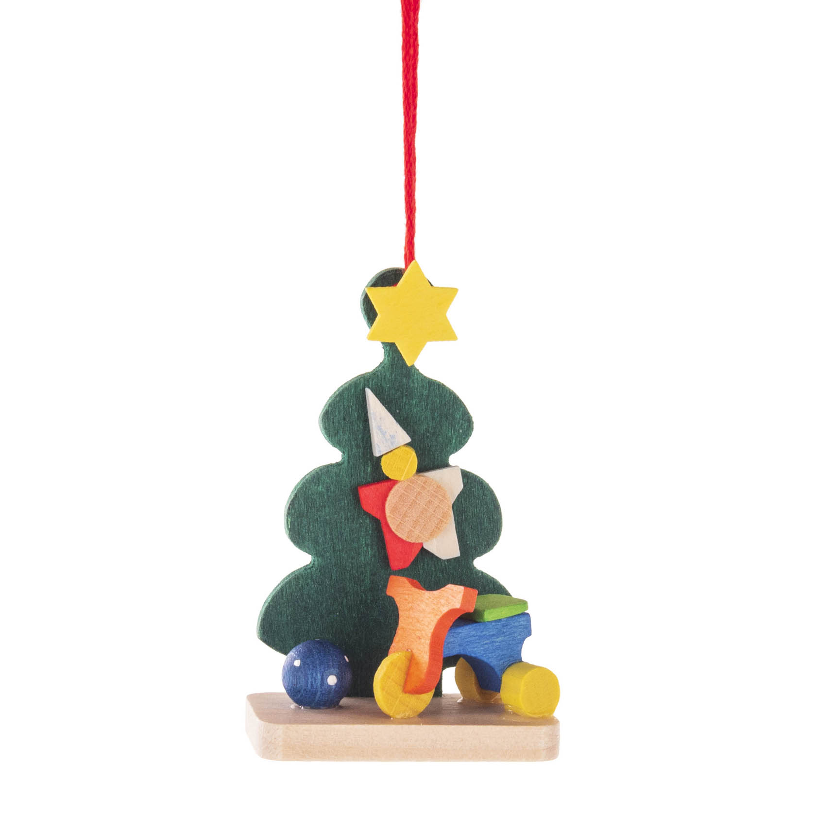 Weihnachtsbaum-Dekoration aus Holz, bestehend aus einem stilisierten, dunkelgrünen Baum mit gelbem Stern und einem bunten Dreirad vorne. im Dregeno Online Shop günstig kaufen