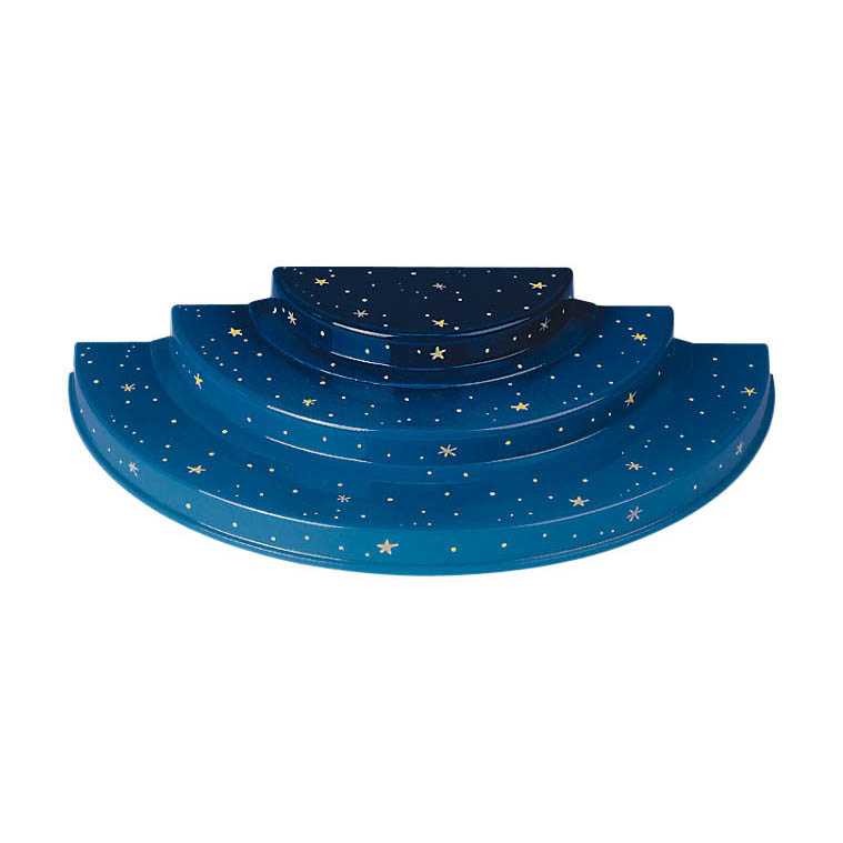 Ein dreistufiger, halbrunder blauer Ständer mit goldenen Sternmotiven, ideal zur Präsentation kleinerer Gegenstände oder Dekorationselemente. im Dregeno Online Shop günstig kaufen