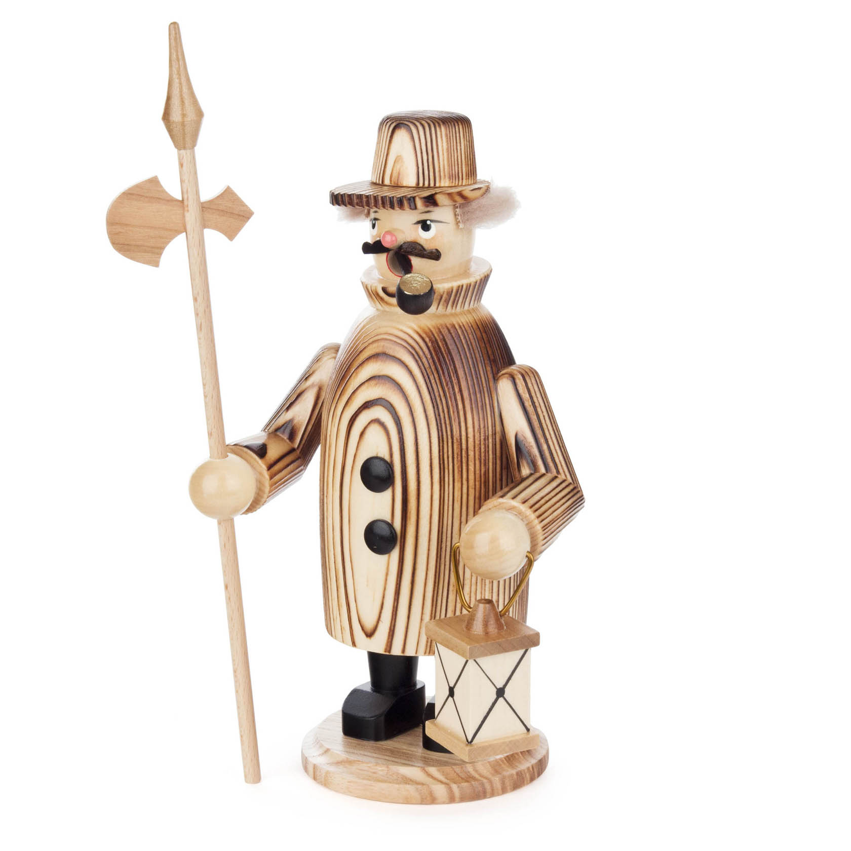 Holzfigur eines Nachtwächters mit Laterne und Hellebarde, hat einen Schnurrbart, trägt Hut und Mantel, gefertigt aus gesandeltem Holz. im Dregeno Online Shop günstig kaufen