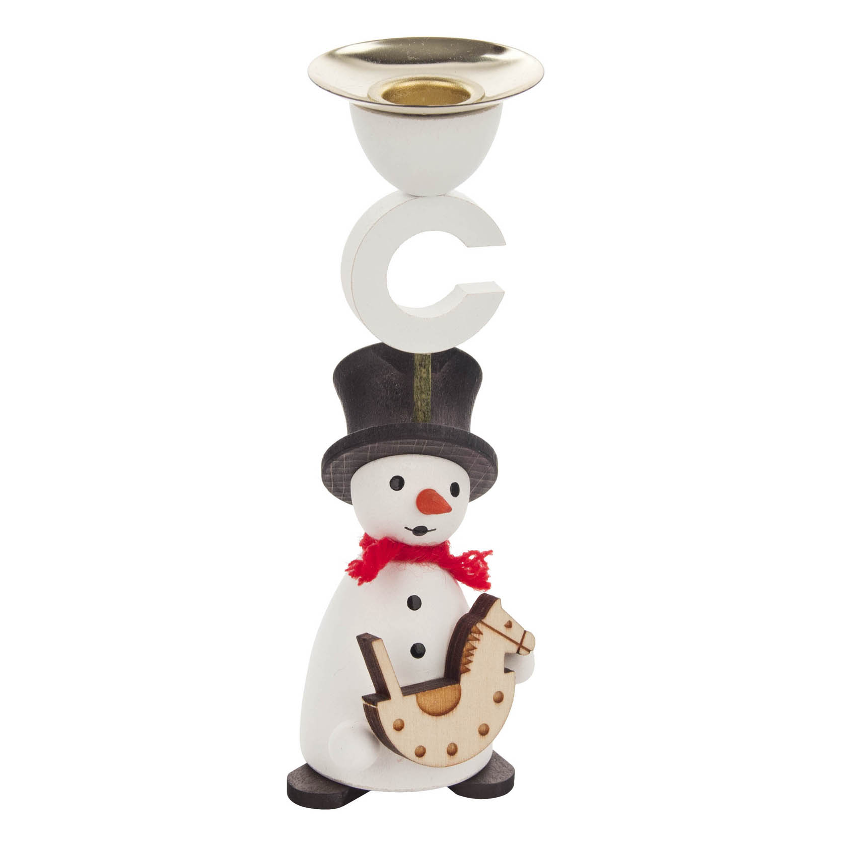 Ein Schneemann-Kerzenhalter aus Holz, der ein Schaukelpferd hält. Oben befindet sich eine Halterung für eine 14mm Kerze. im Dregeno Online Shop günstig kaufen