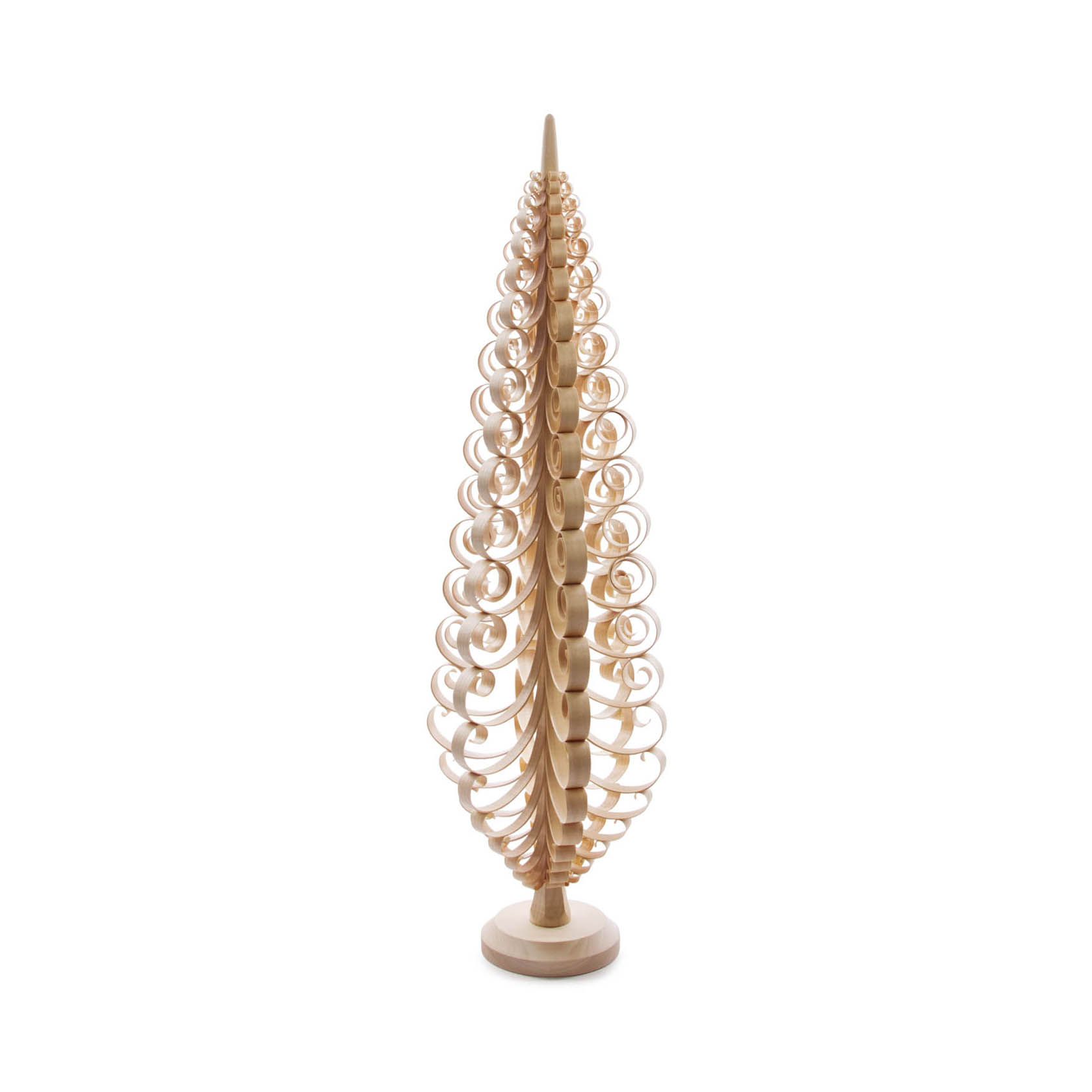 Ein natürlicher Spanbaum aus hellem Holz mit spiralförmigen Ästen, der auf einem runden Sockel steht. Der Baum ist 70 cm hoch. im Dregeno Online Shop günstig kaufen