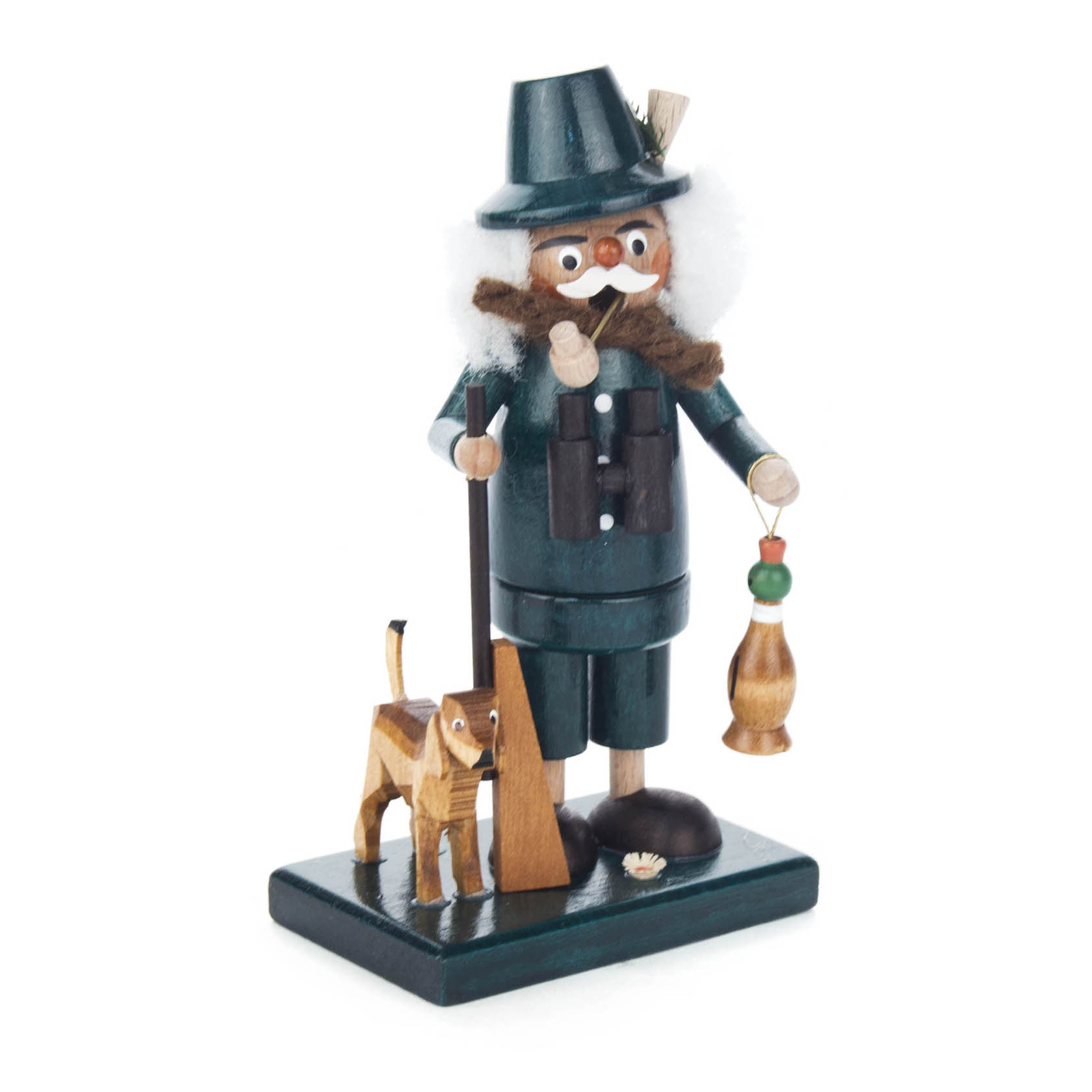 Holzfigur eines Jägers mit Pfeife und grünem Hut, begleitet von einem kleinen Hund. Der Jäger hält eine Laterne und trägt einen grünen Mantel. im Dregeno Online Shop günstig kaufen
